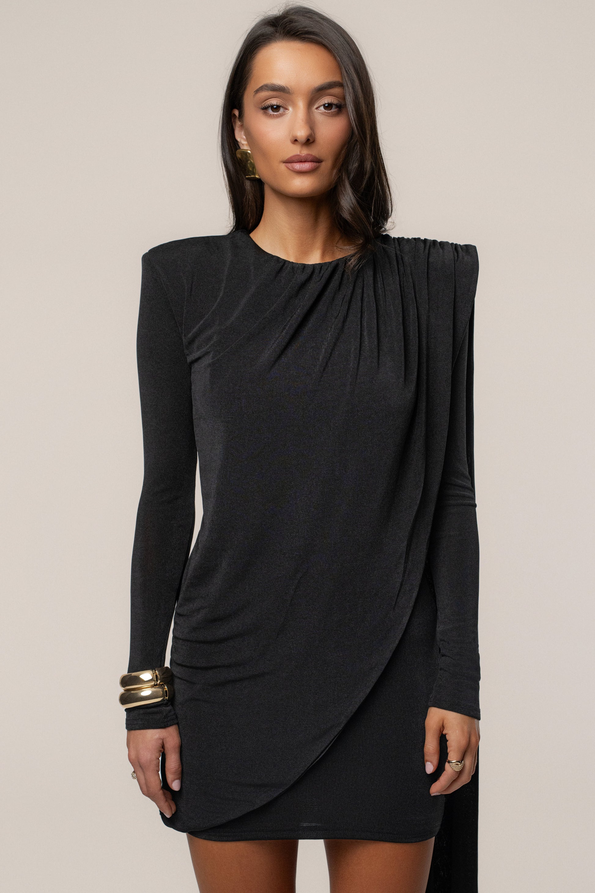 Black Midnight Draped  Mini Dress JLUXLABEL