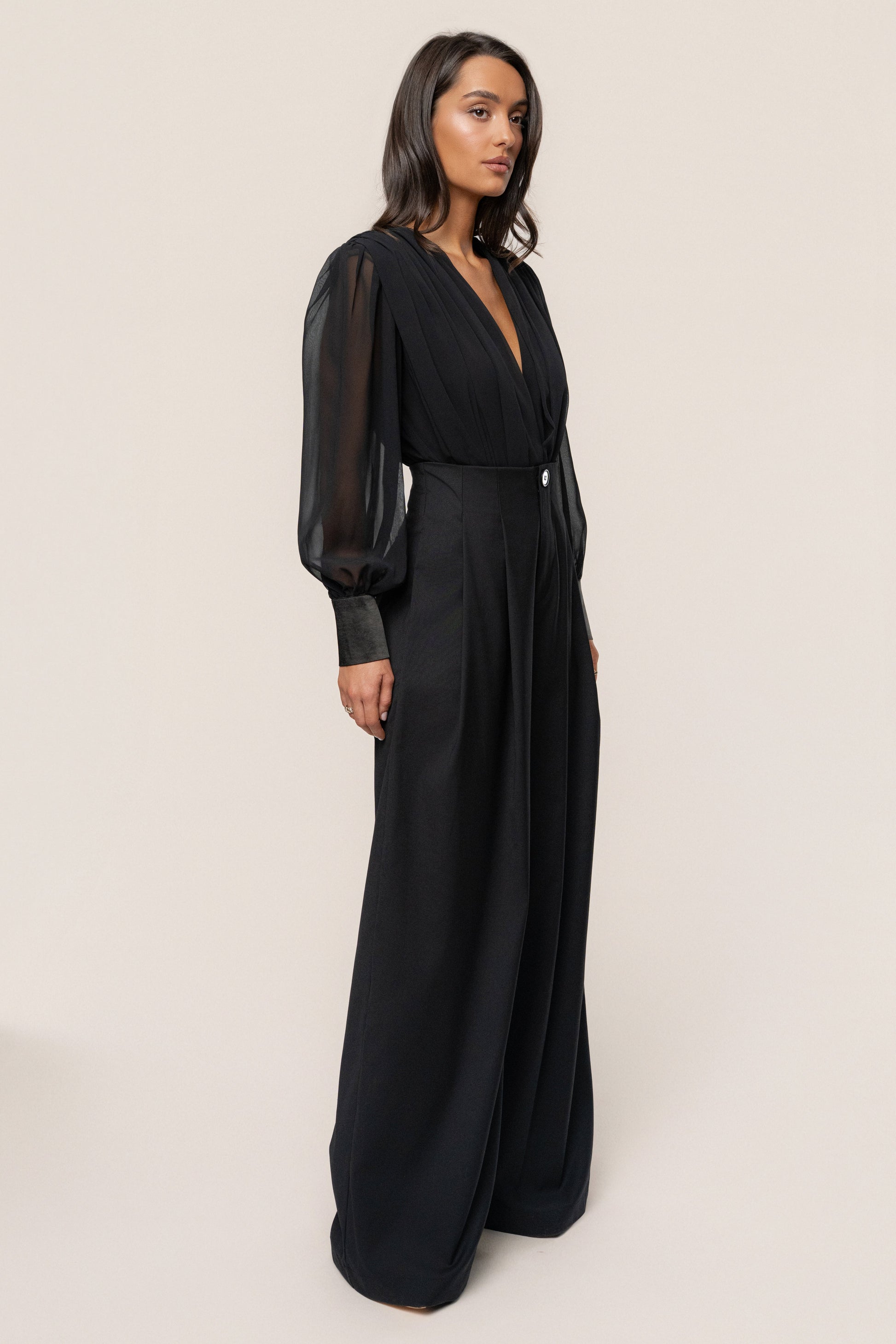 Black Refined Pleated Chiffon Top JLUXLABEL