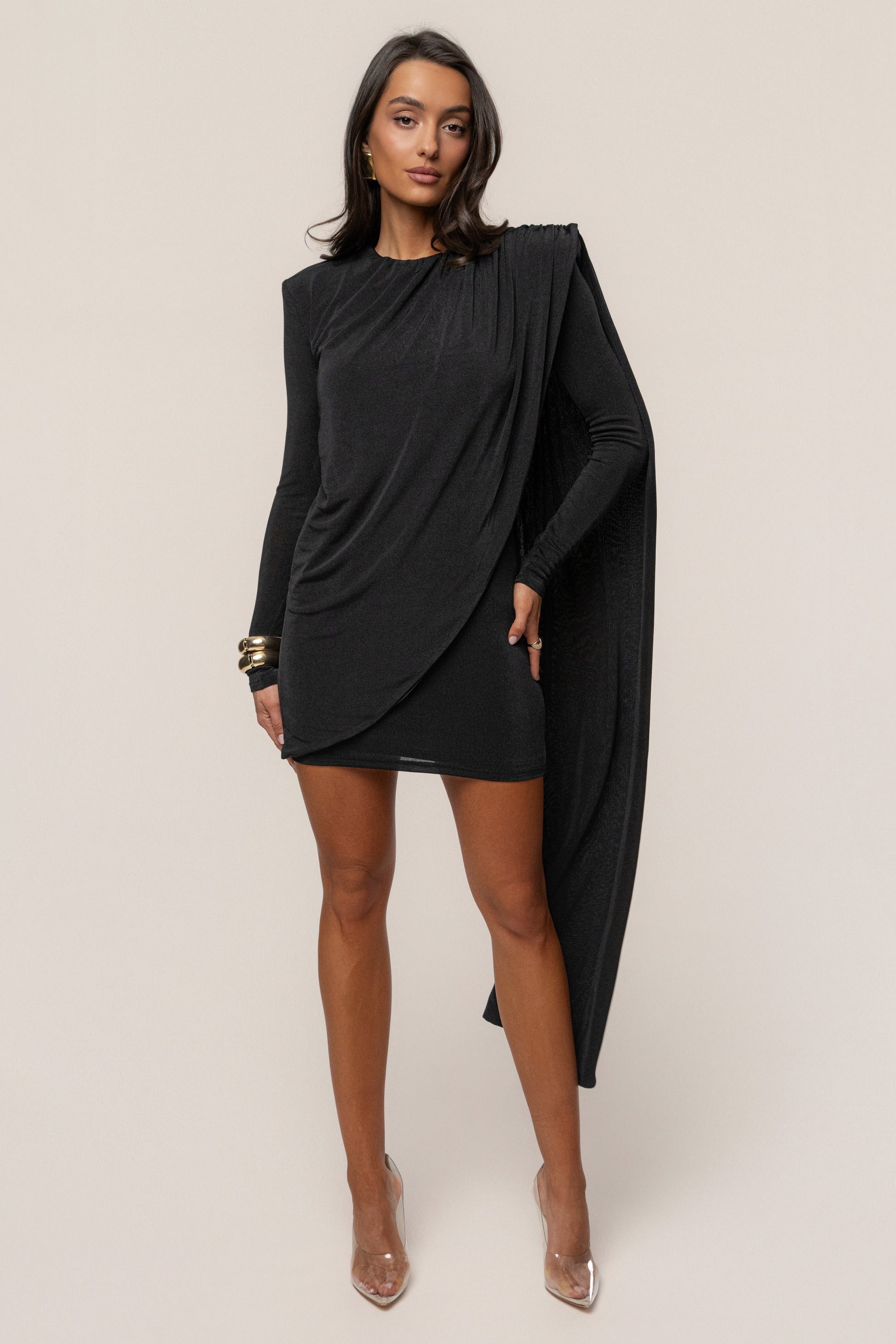 Black Midnight Draped  Mini Dress JLUXLABEL