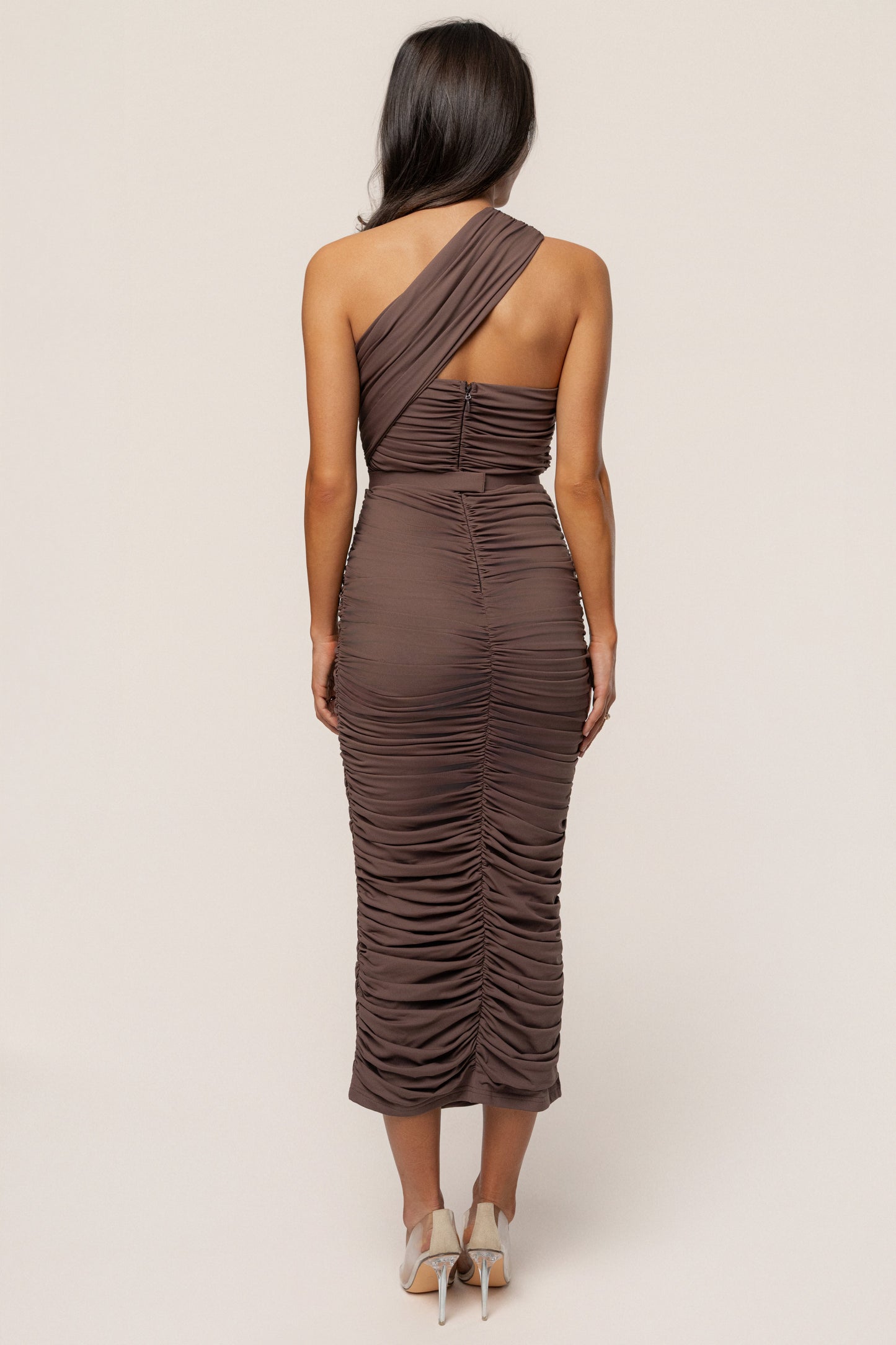 Brown Opulent Ruched Midi Dress NEWFASHIONEDGE
