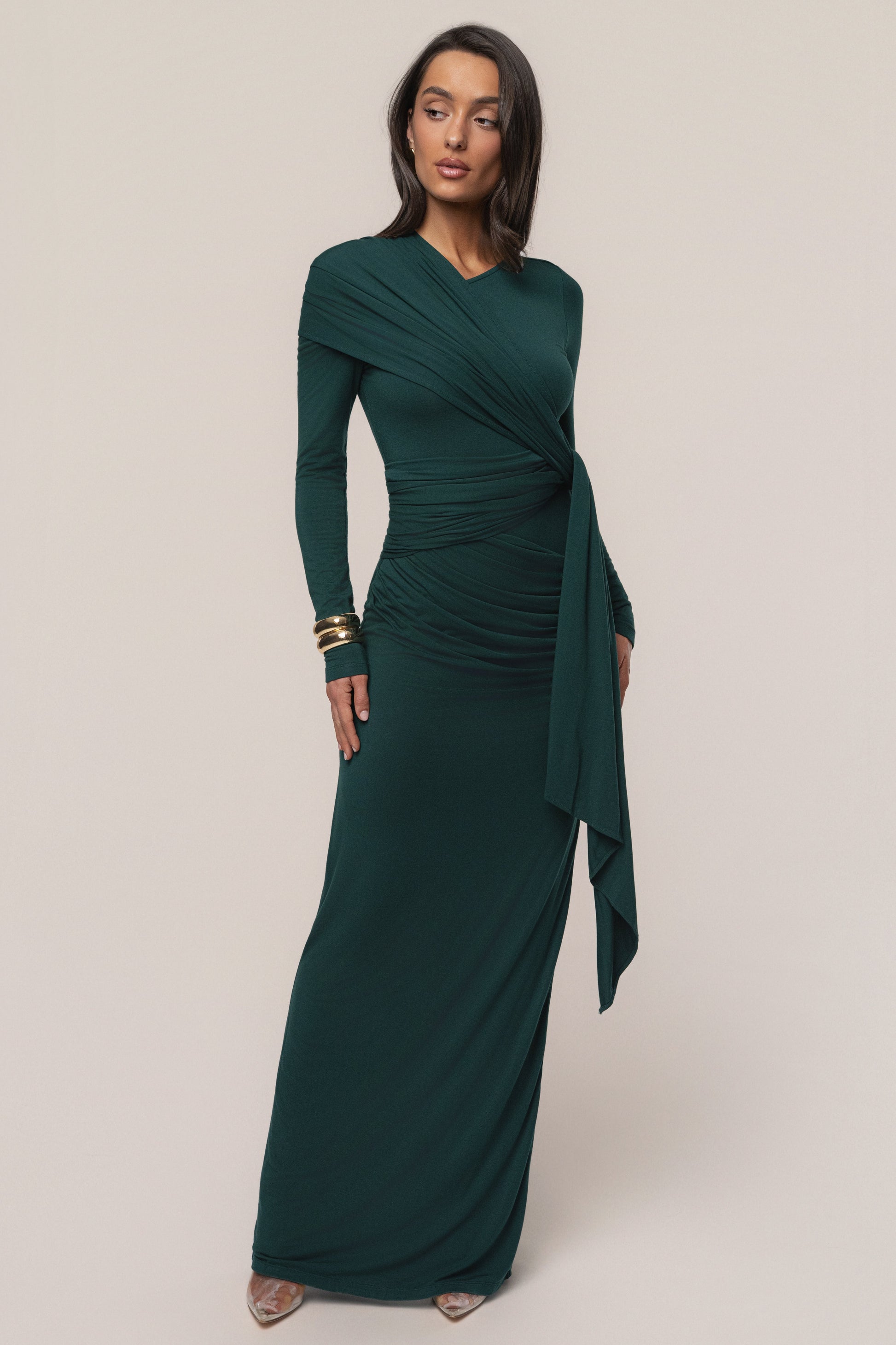 Emerald Glitz Asymmetric Maxi Dress JLUXLABEL