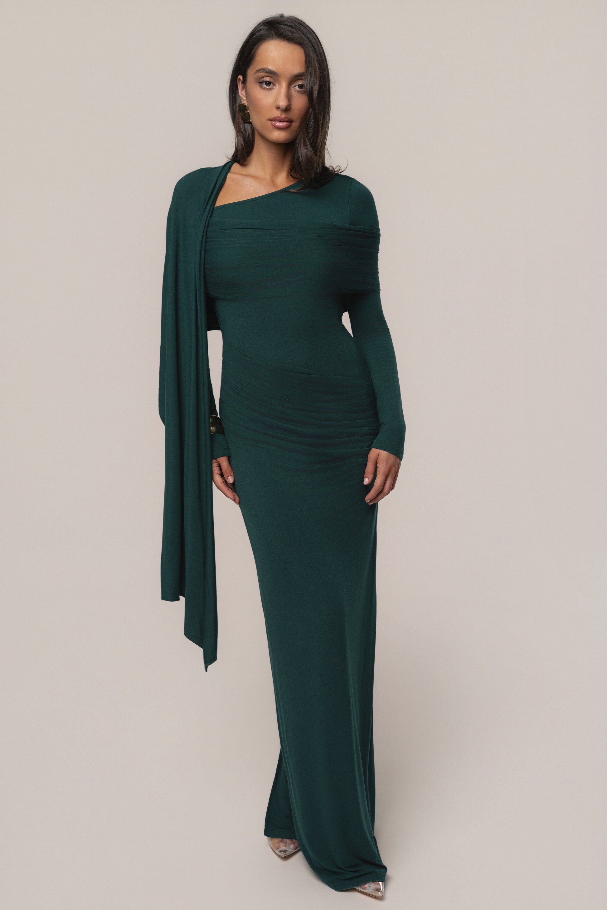 Emerald Glitz Asymmetric Maxi Dress JLUXLABEL
