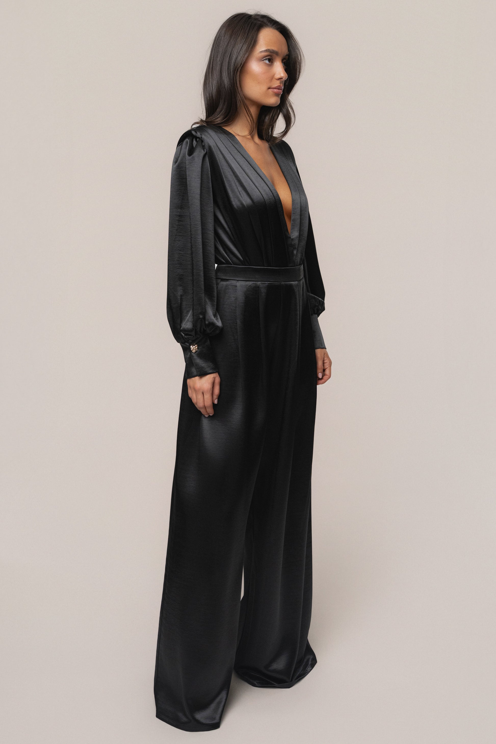 Black Satin Bliss Pleated Pant JLUXLABEL