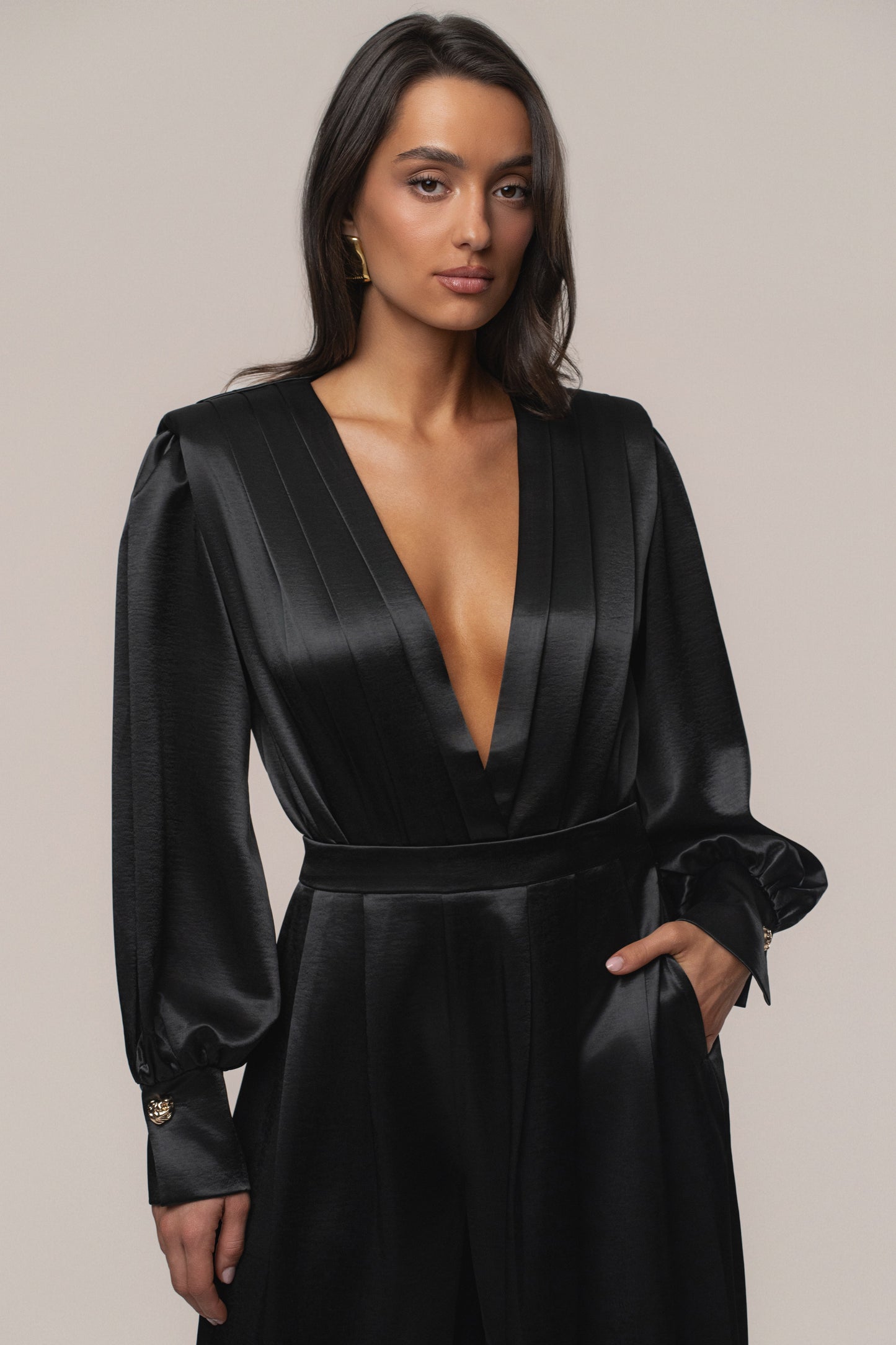 Black Satin Bliss Pleated Pant JLUXLABEL