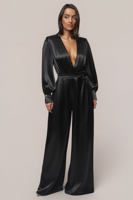 Black Satin Bliss Pleated Pant JLUXLABEL