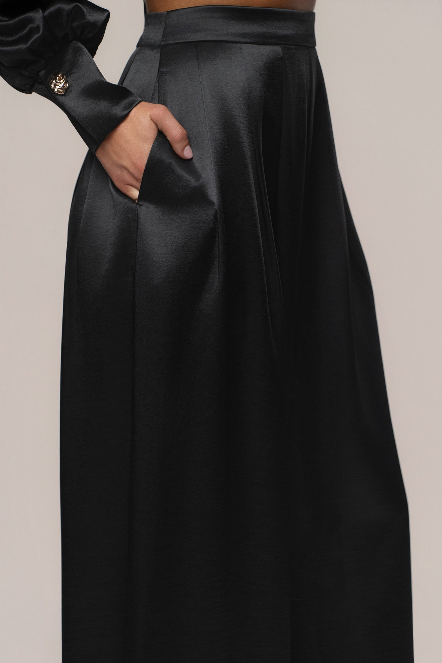 Black Satin Bliss Pleated Pant JLUXLABEL