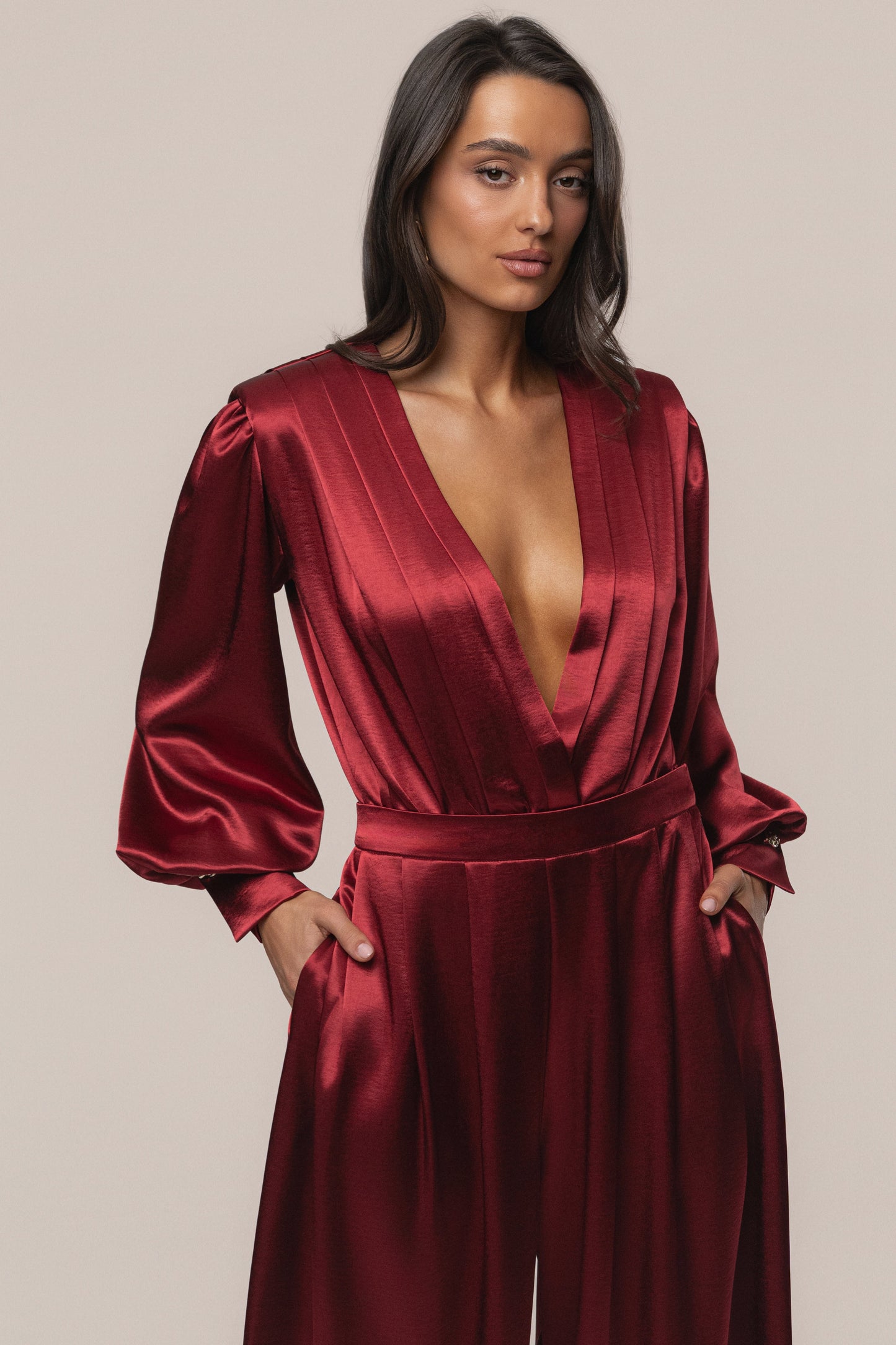 Burgundy Satin Bliss Pleated Pant JLUXLABEL