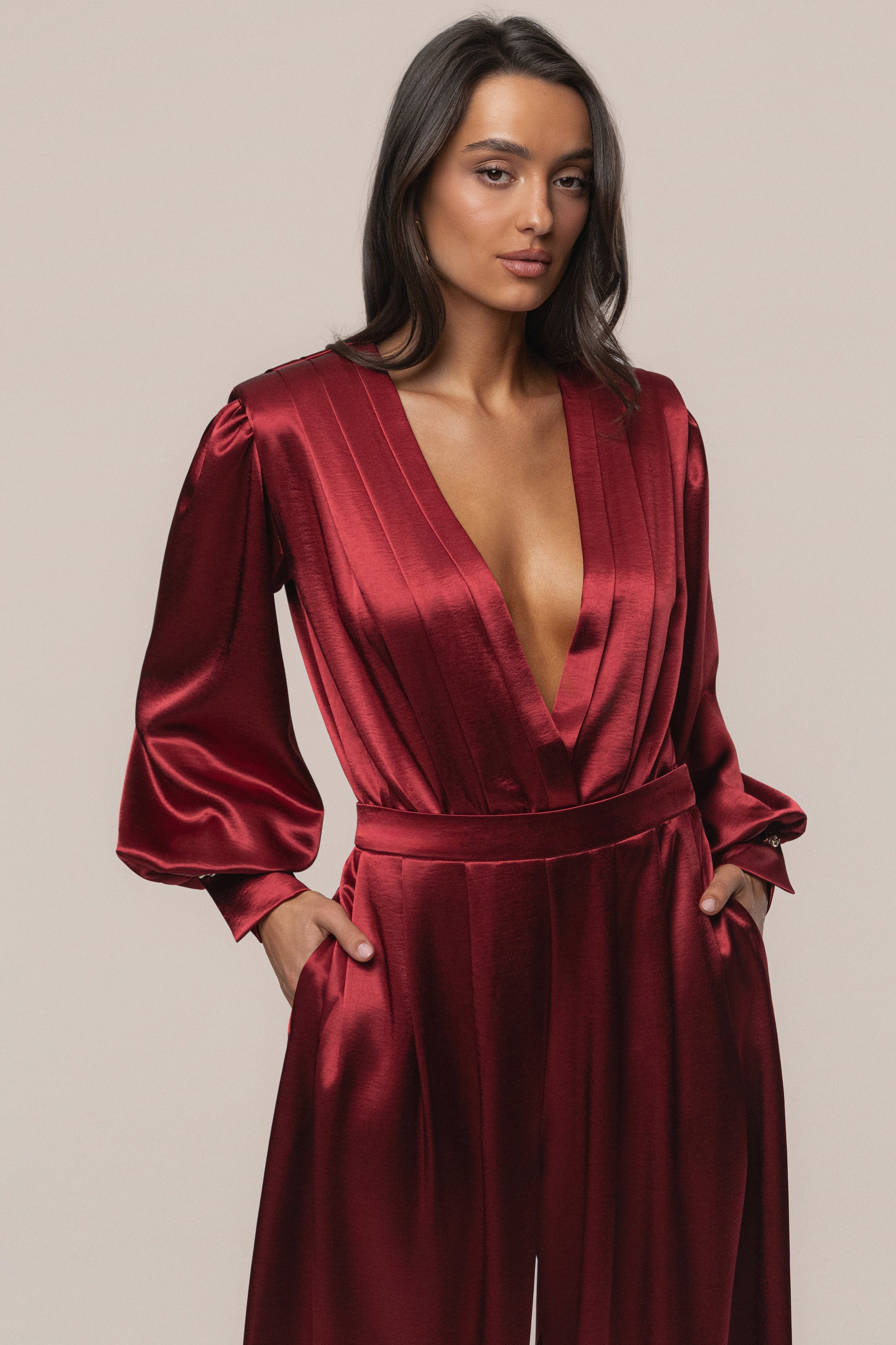 Burgundy Satin Bliss Pleated Pant JLUXLABEL
