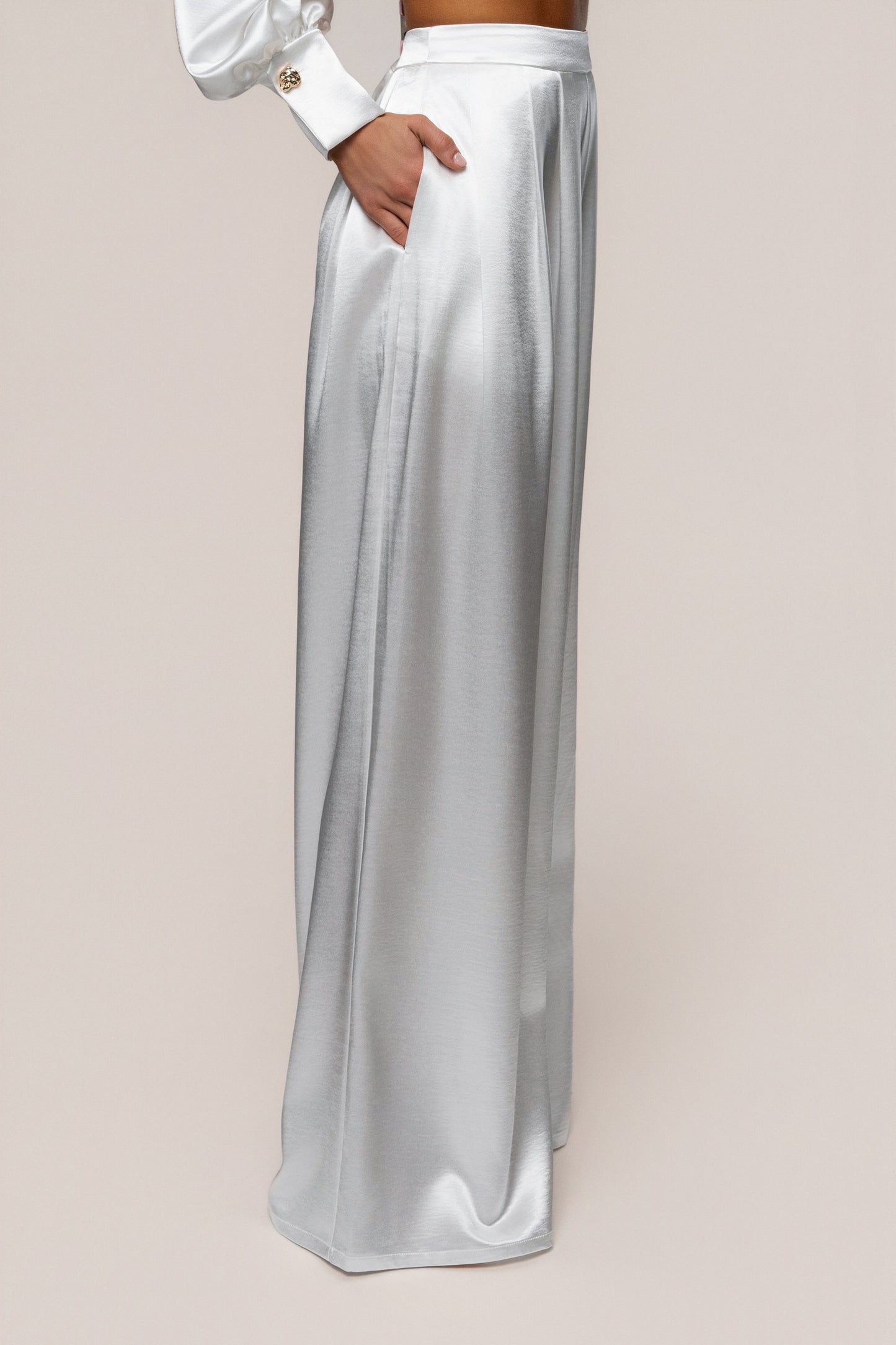 White Satin Bliss Pleated Pant JLUXLABEL