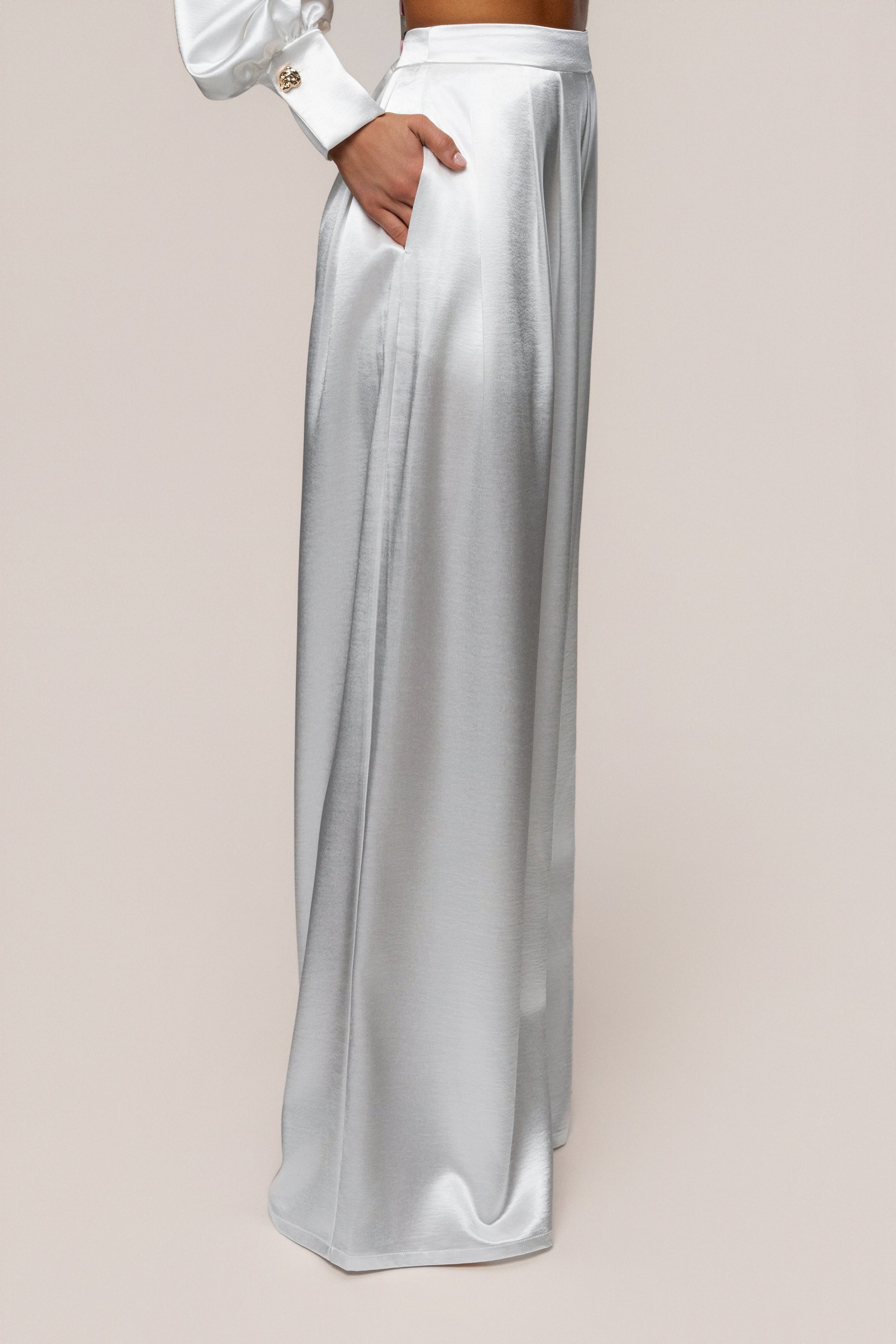 White Satin Bliss Pleated Pant JLUXLABEL