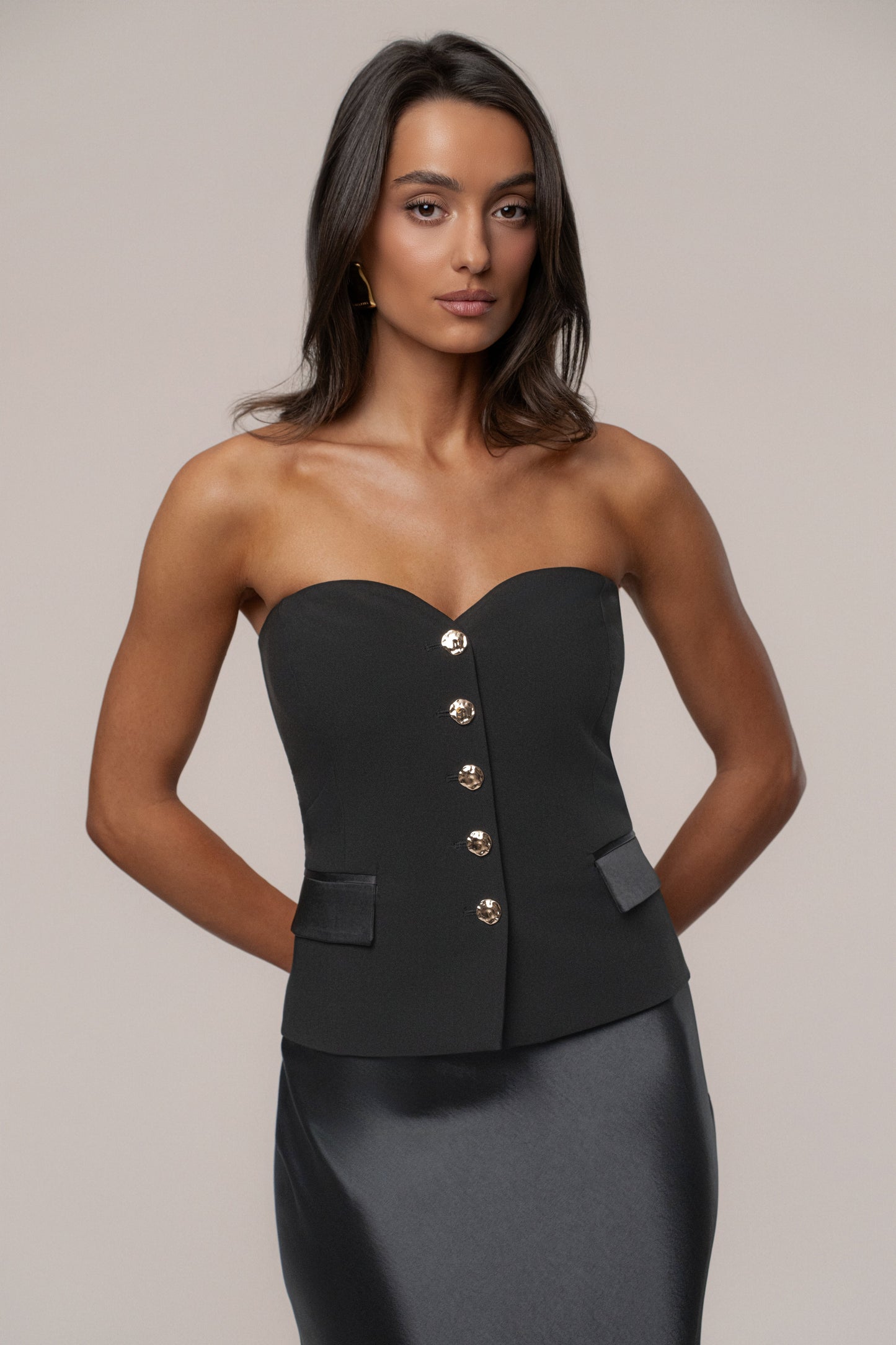 Black Button Front Vest JLUXLABEL