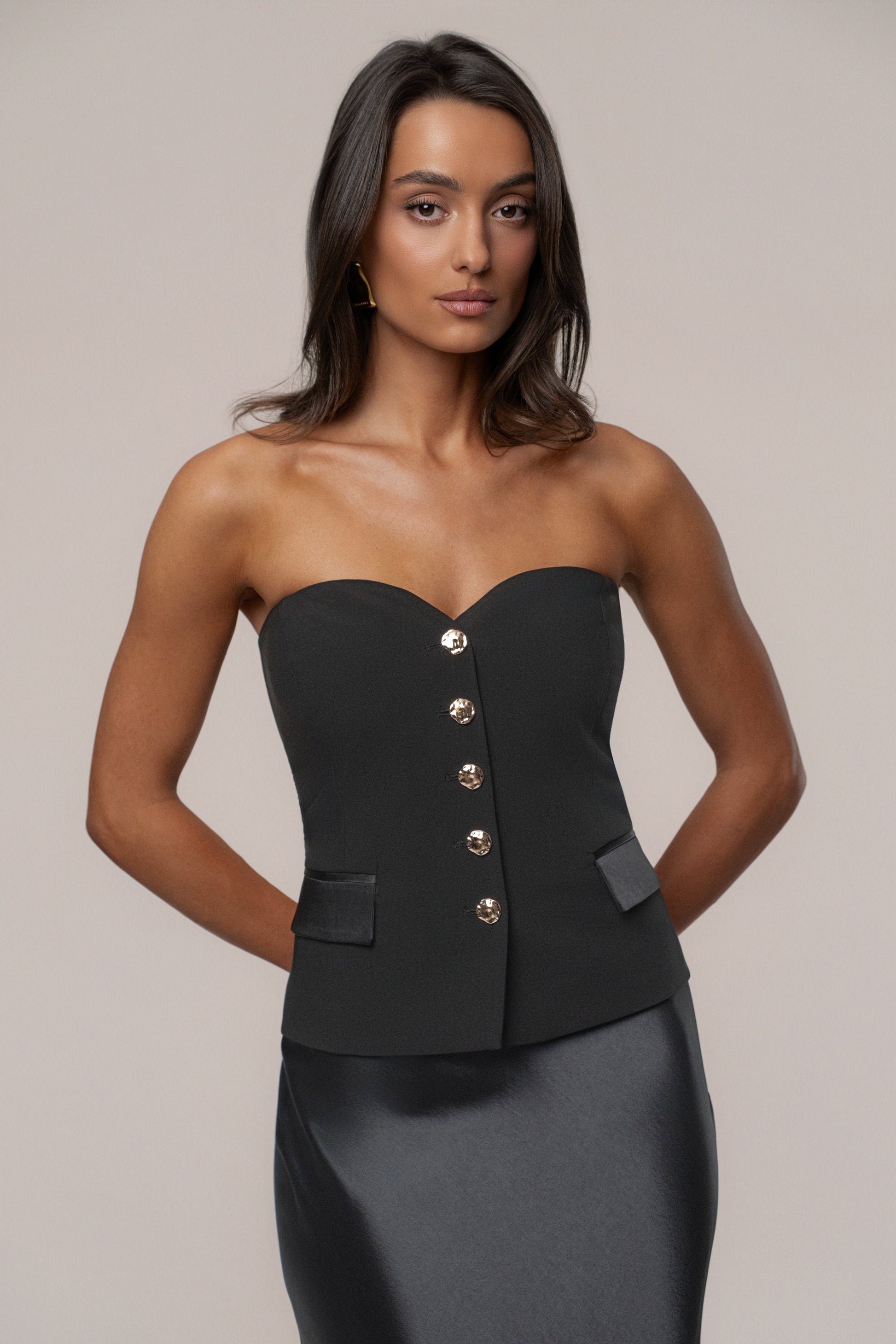 Black Button Front Vest JLUXLABEL