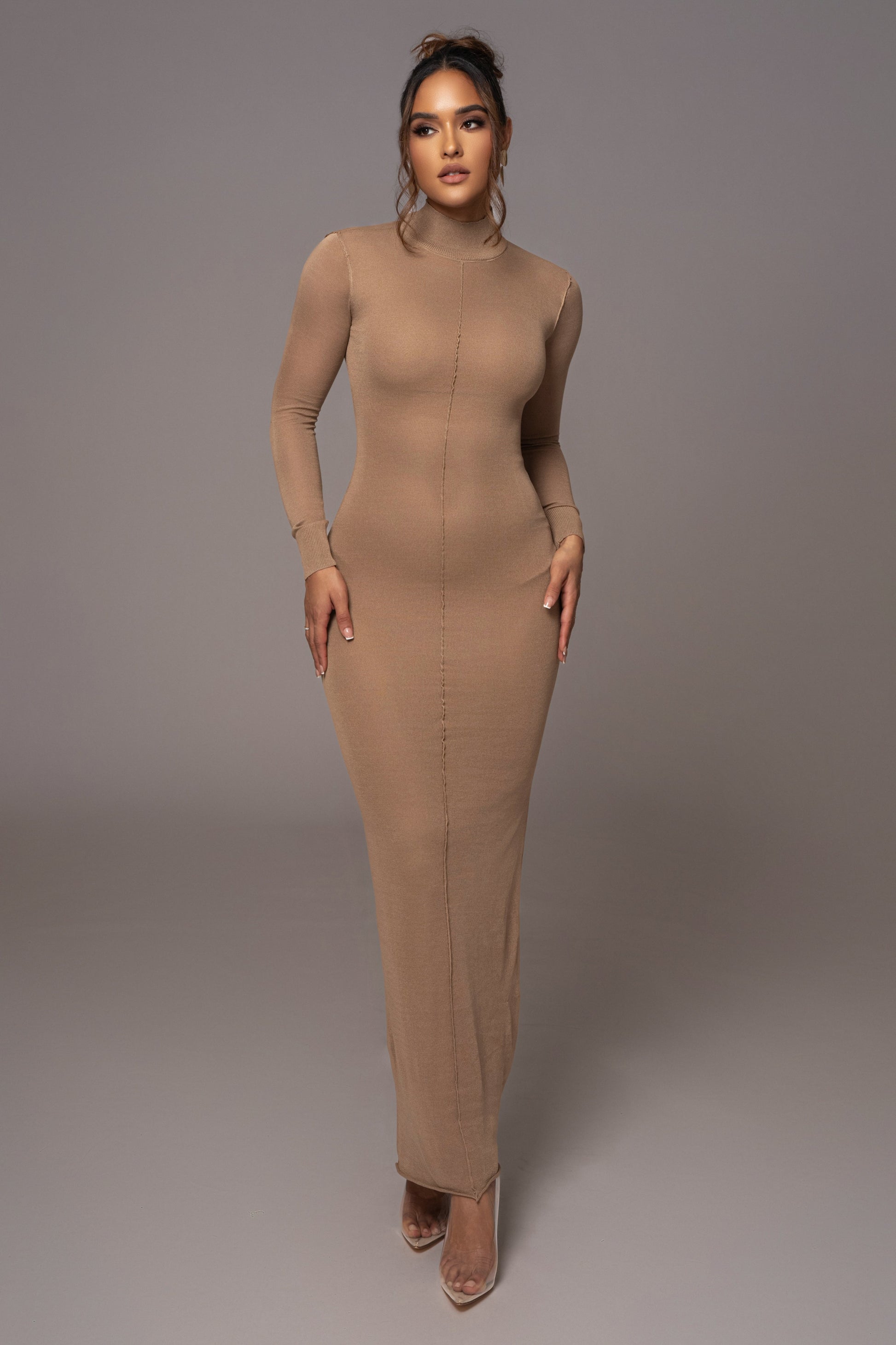 Camel Fame Mock Neck Maxi Dress JLUXLABEL