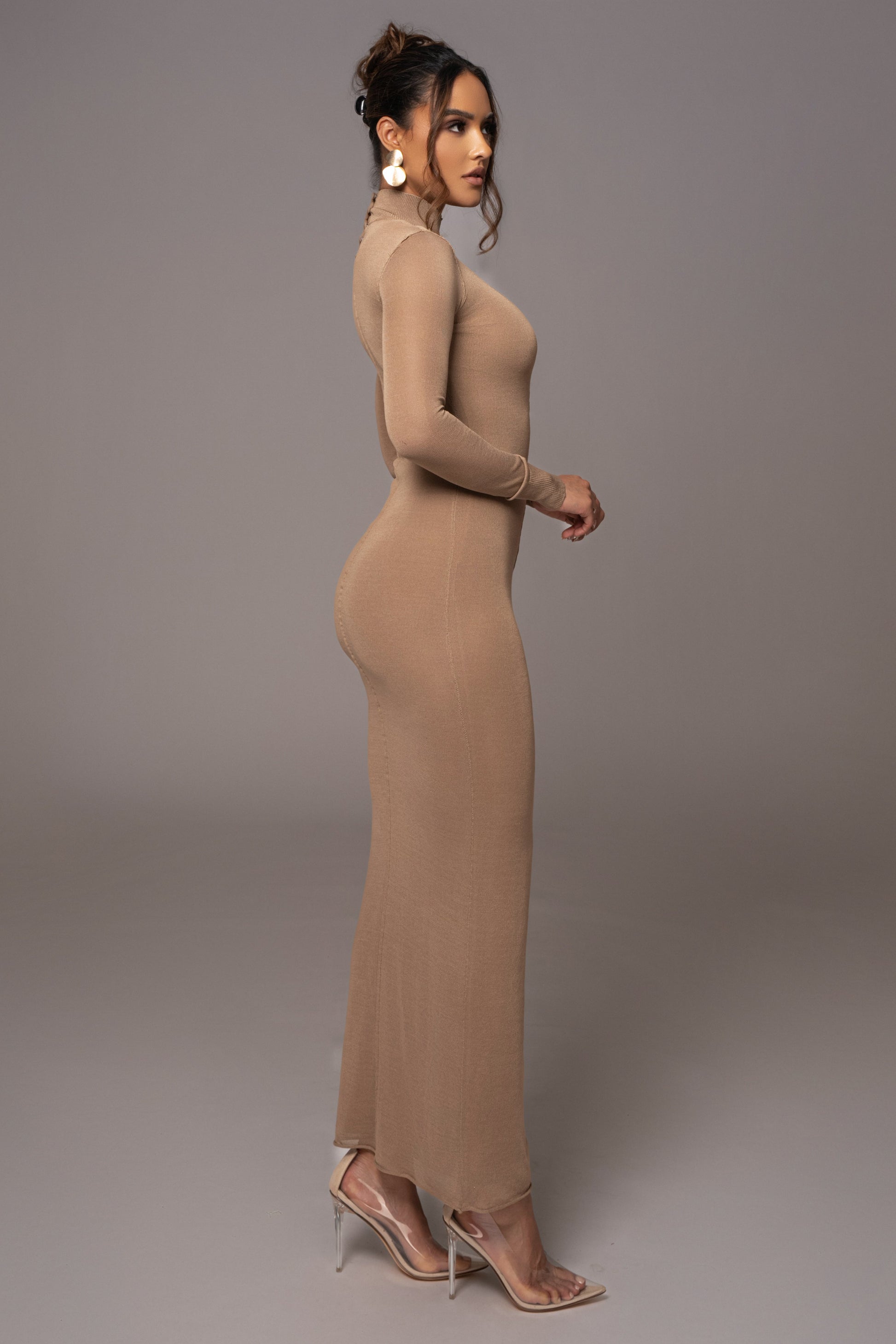 Camel Fame Mock Neck Maxi Dress JLUXLABEL