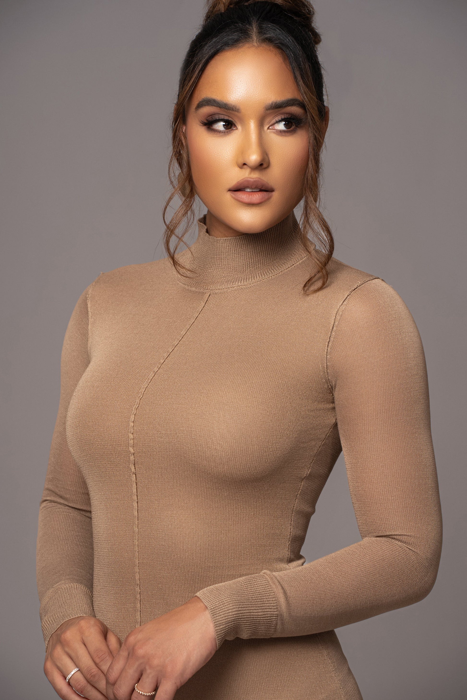 Camel Fame Mock Neck Maxi Dress JLUXLABEL