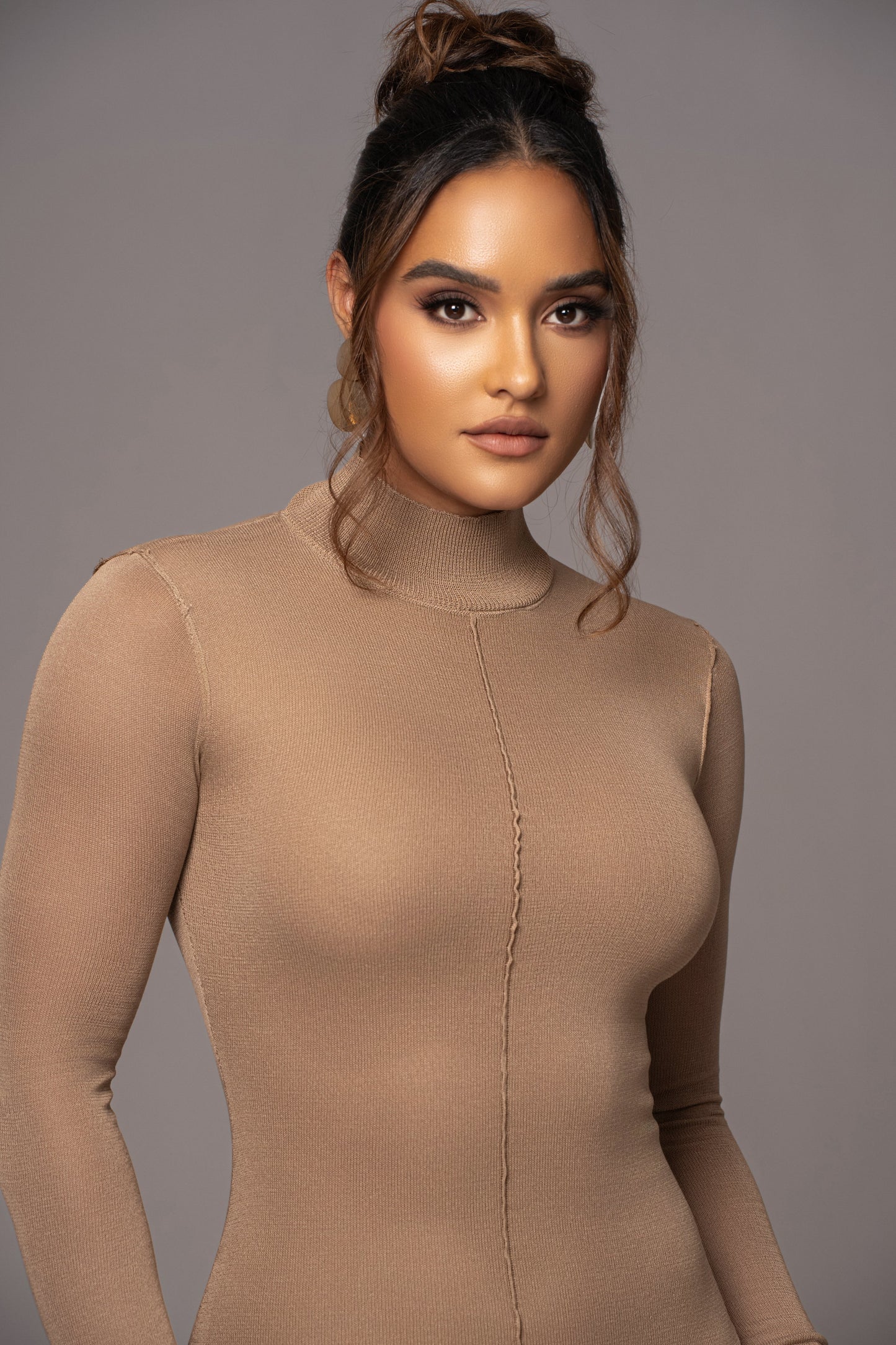Camel Fame Mock Neck Maxi Dress JLUXLABEL