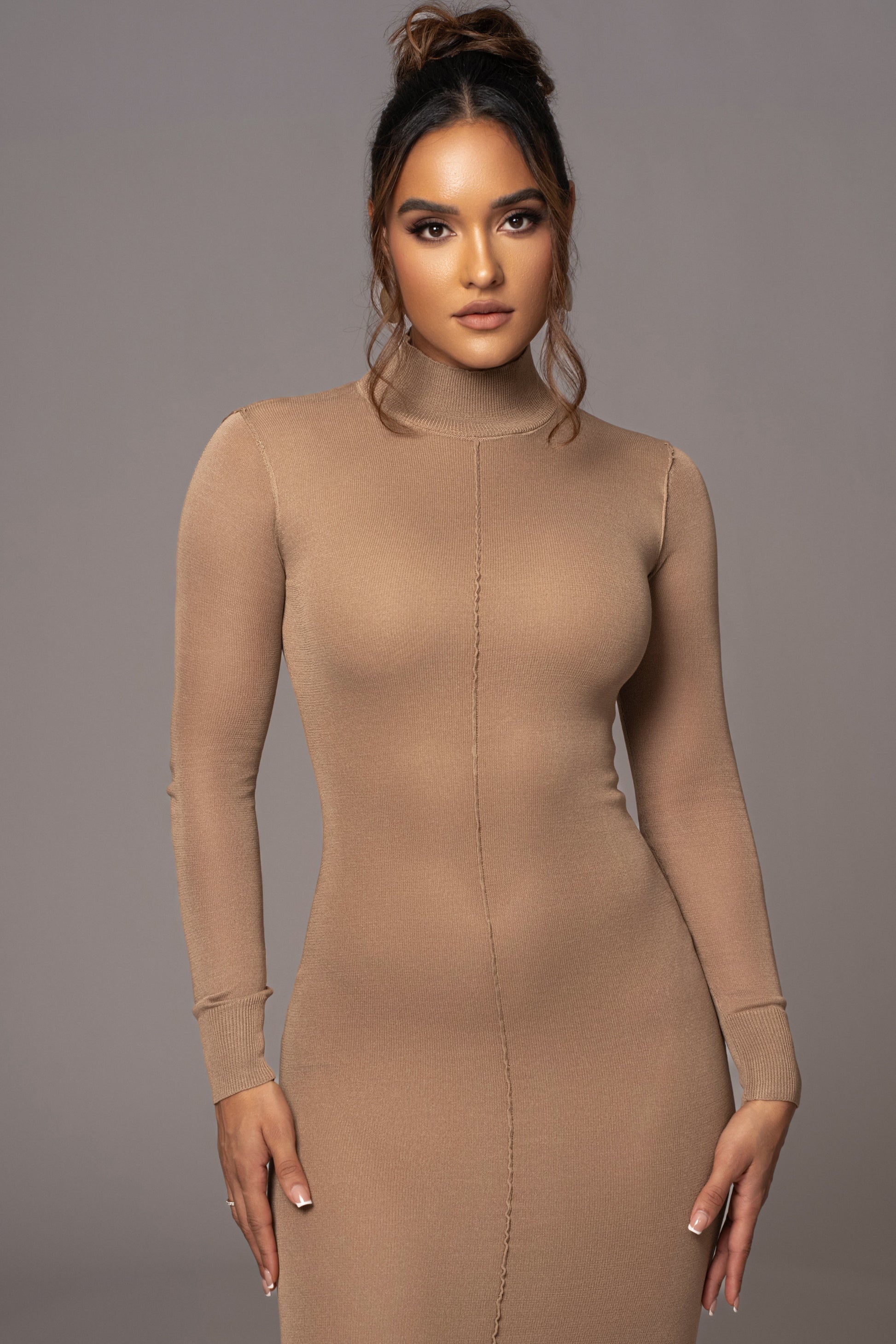 Camel Fame Mock Neck Maxi Dress JLUXLABEL