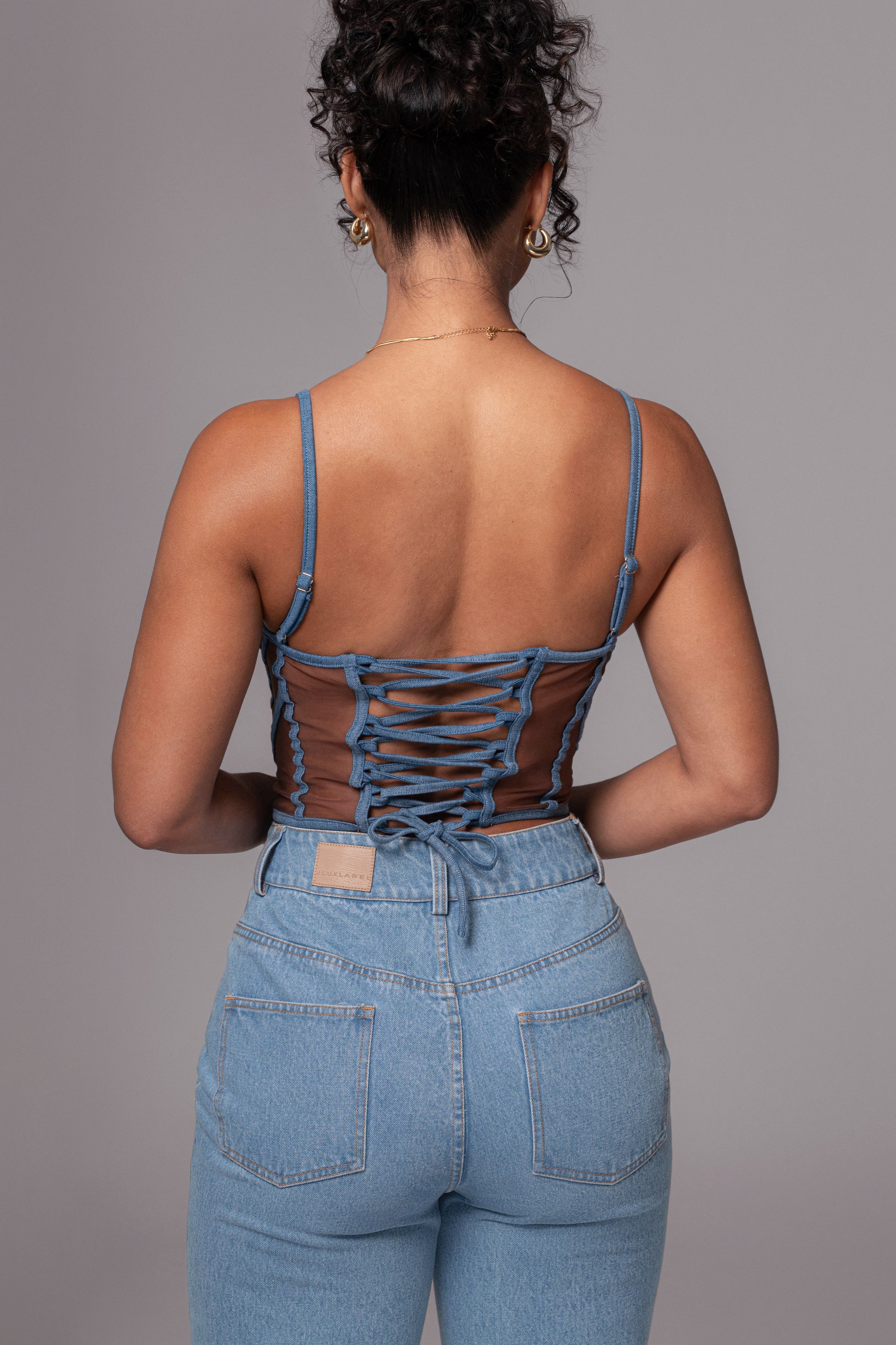 Dark Denim Illusion Mesh Bustier JLUXLABEL
