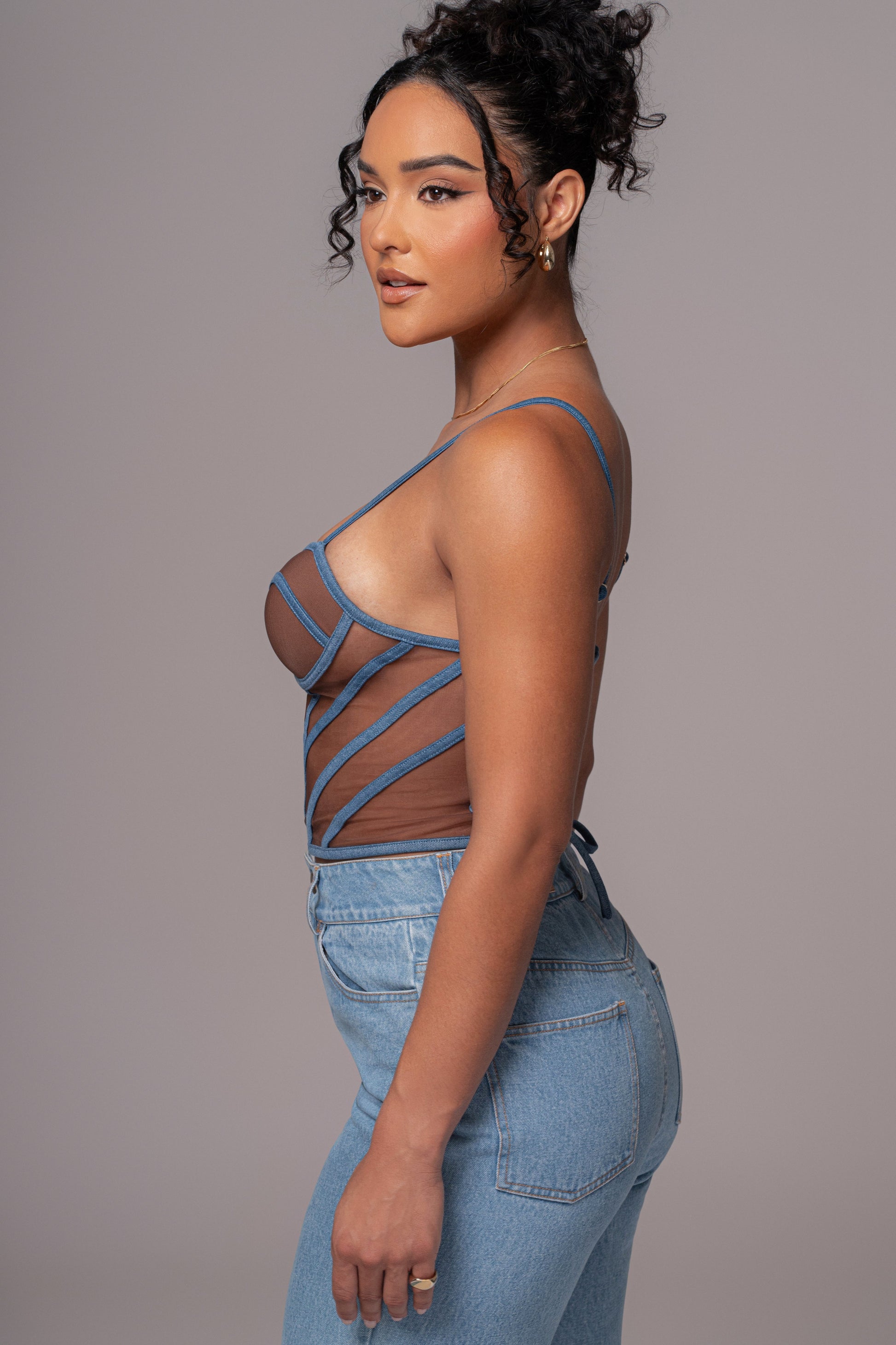 Dark Denim Illusion Mesh Bustier JLUXLABEL