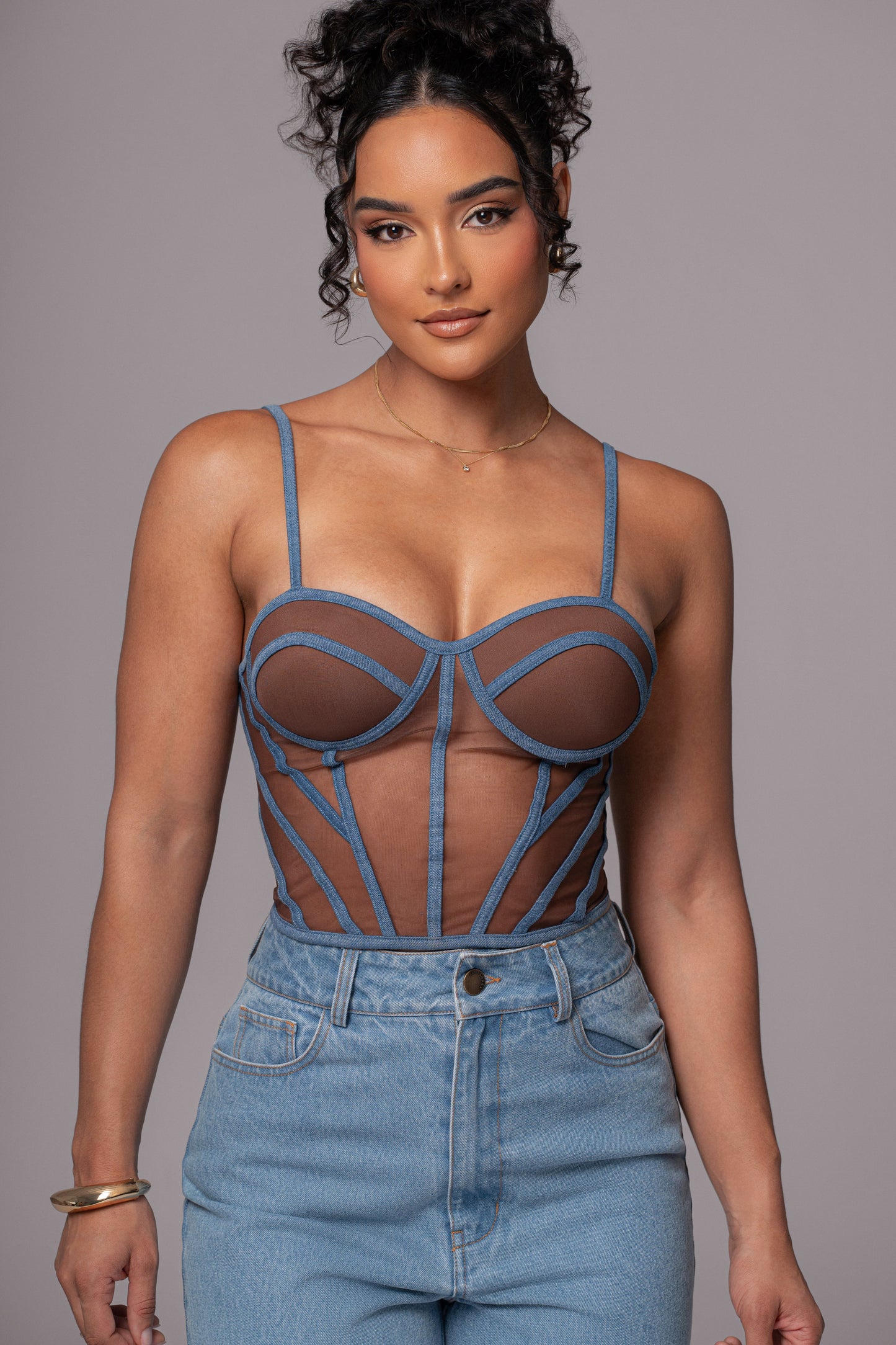 Dark Denim Illusion Mesh Bustier JLUXLABEL