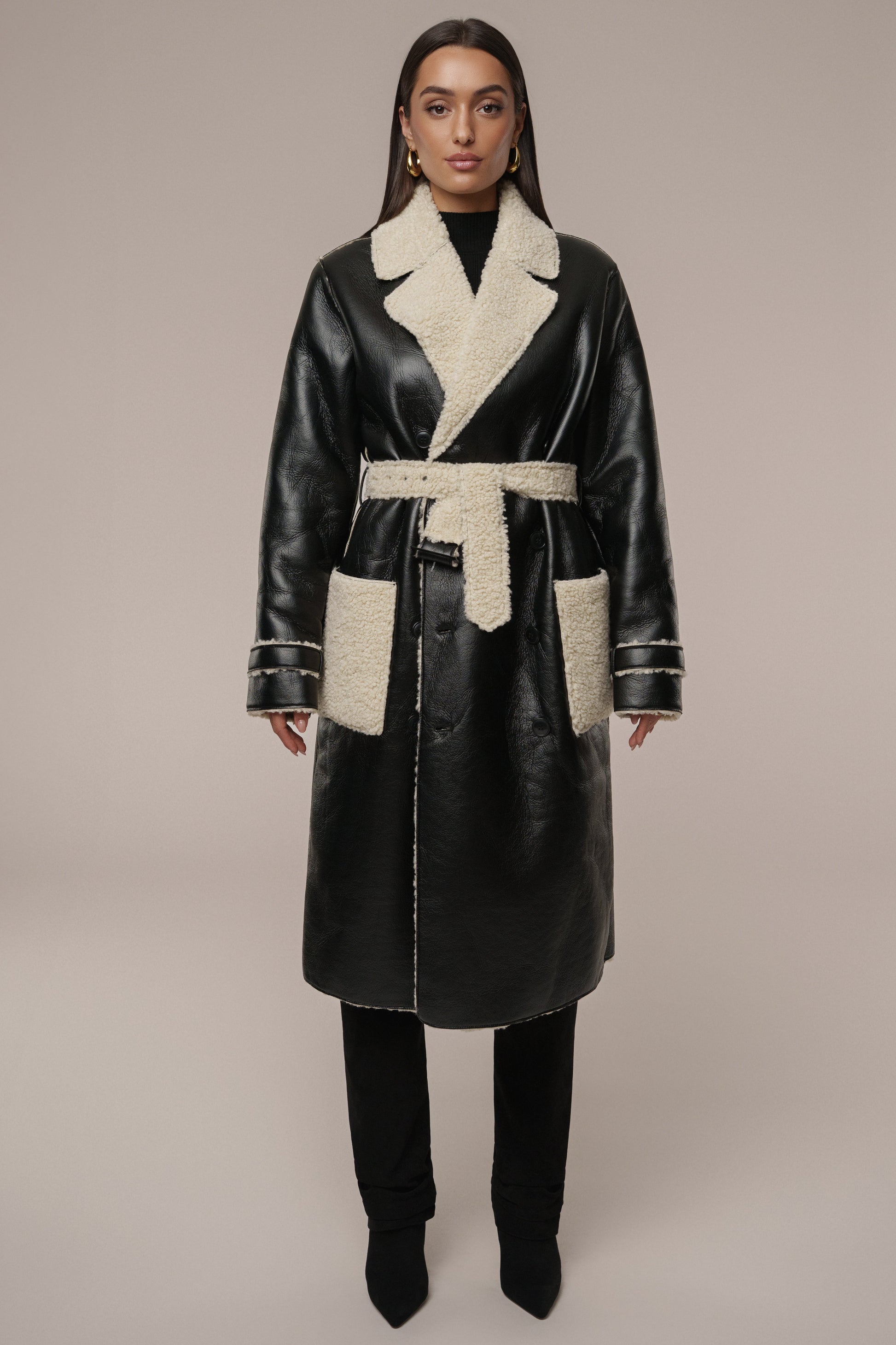 Black/Ivory Sherpa And Faux Leather Coat JLUXLABEL