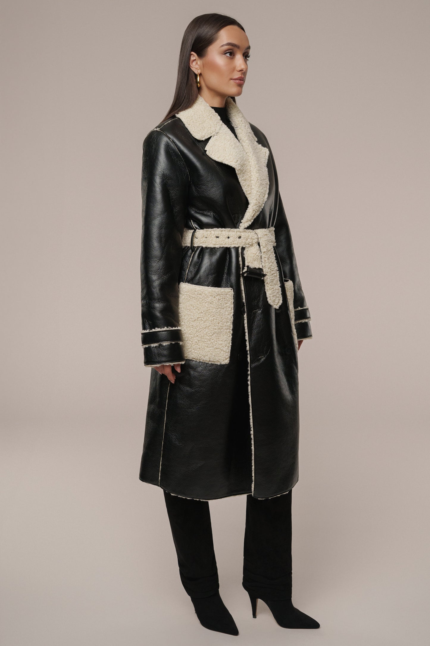 Black/Ivory Sherpa And Faux Leather Coat JLUXLABEL