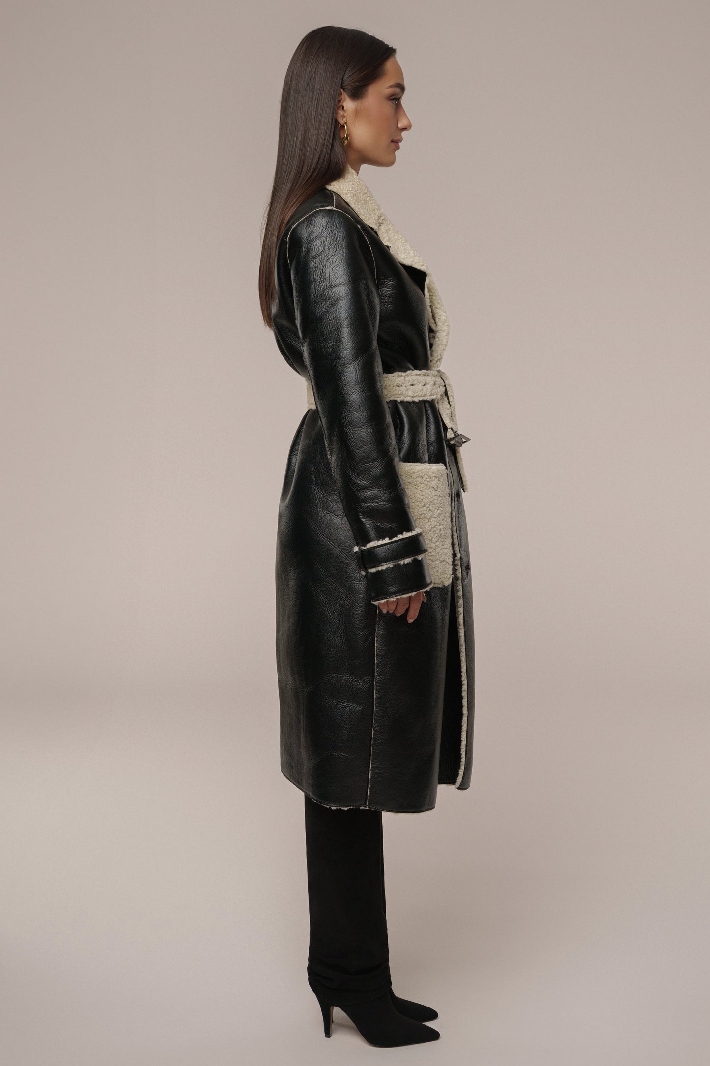 Black/Ivory Sherpa And Faux Leather Coat JLUXLABEL
