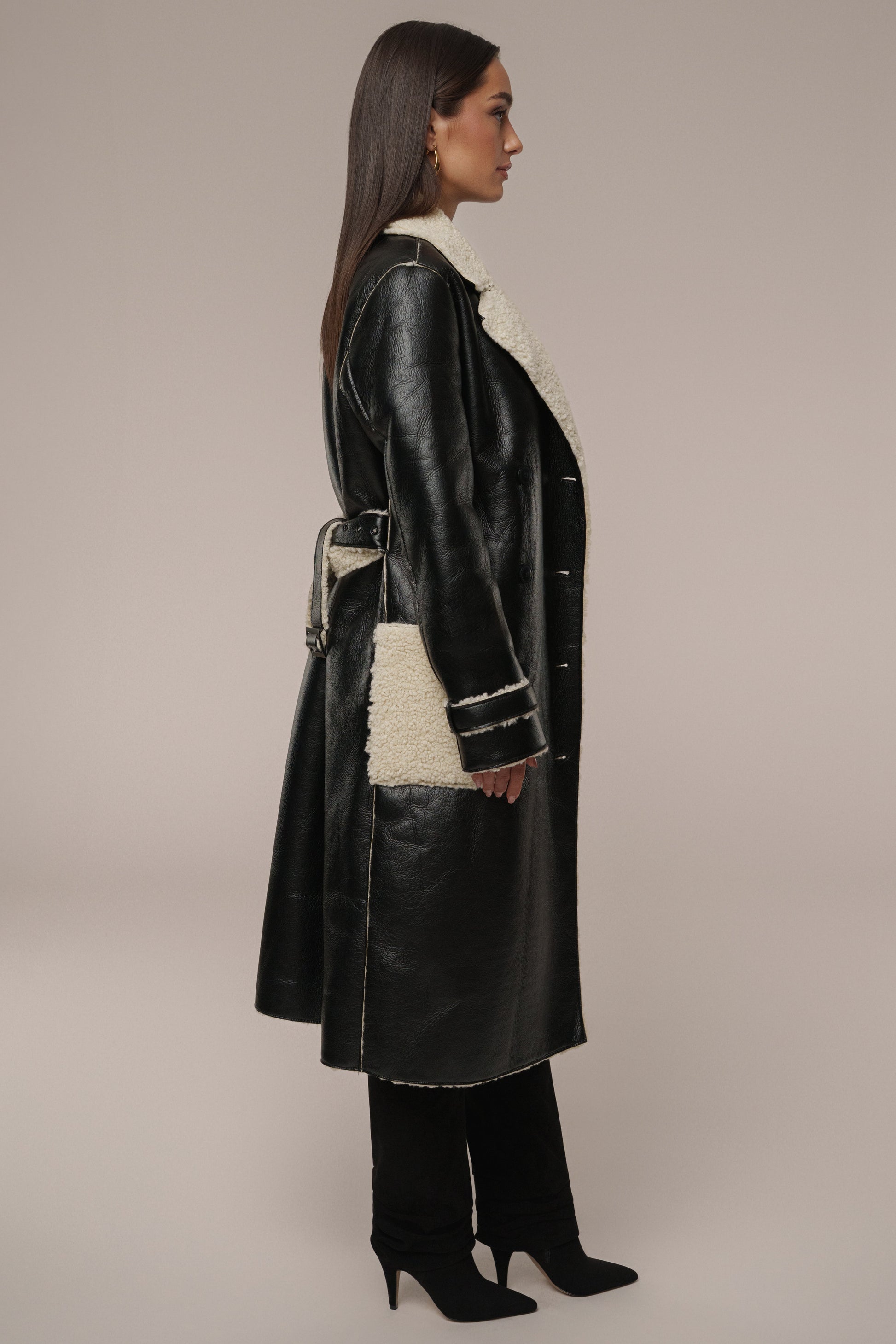 Black/Ivory Sherpa And Faux Leather Coat JLUXLABEL