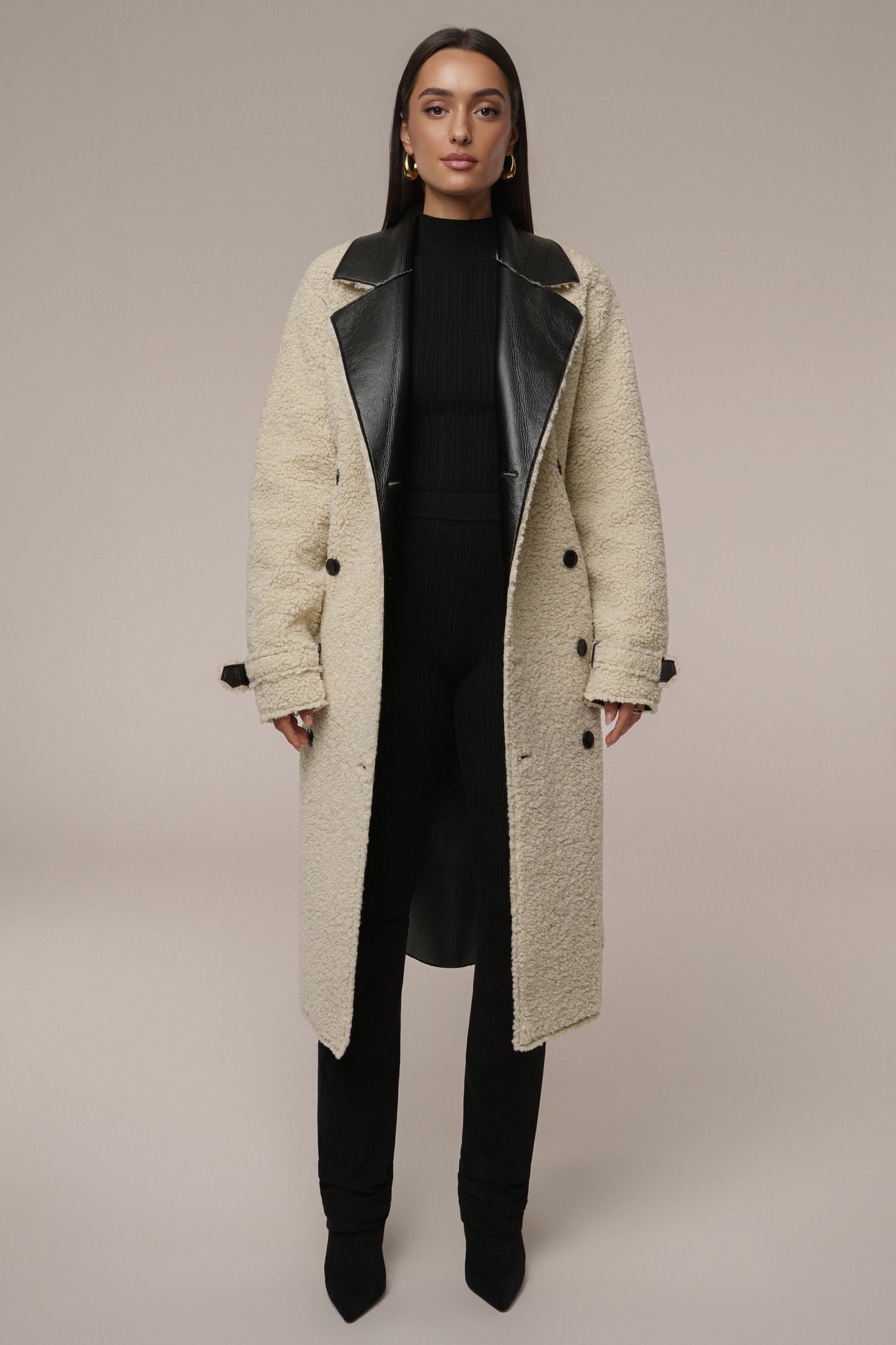 Black/Ivory Sherpa And Faux Leather Coat JLUXLABEL