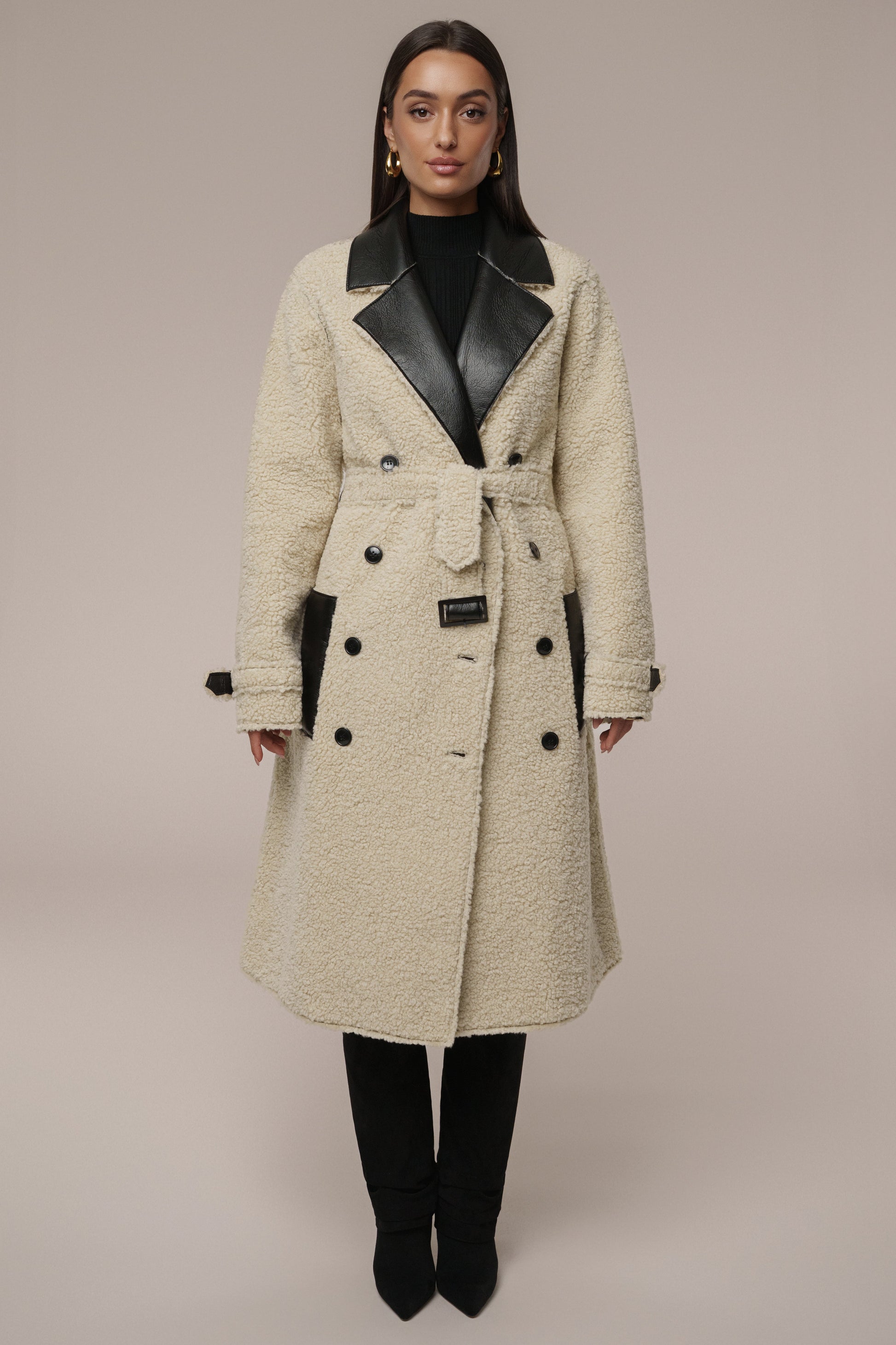 Black/Ivory Sherpa And Faux Leather Coat JLUXLABEL