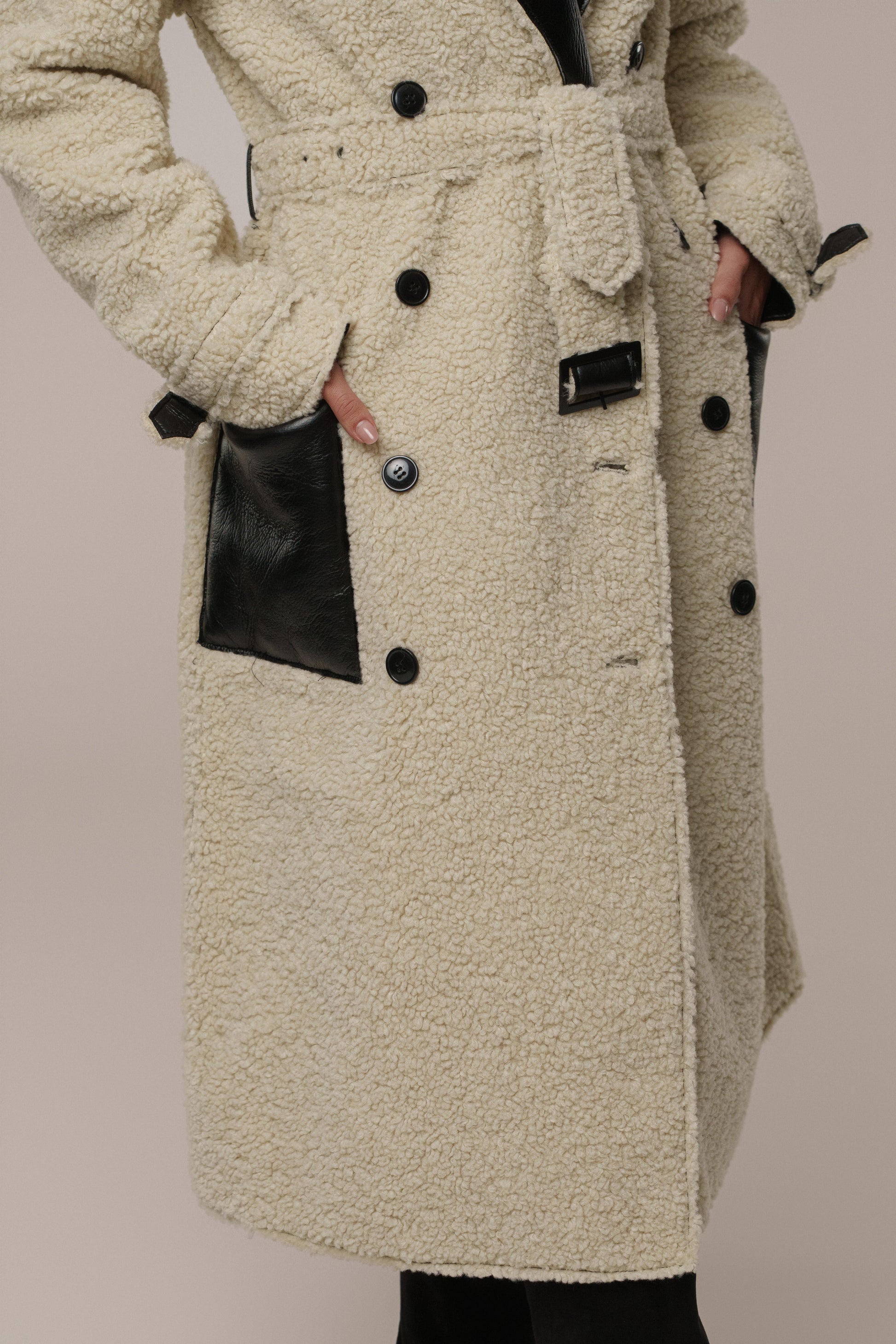 Black/Ivory Sherpa And Faux Leather Coat JLUXLABEL