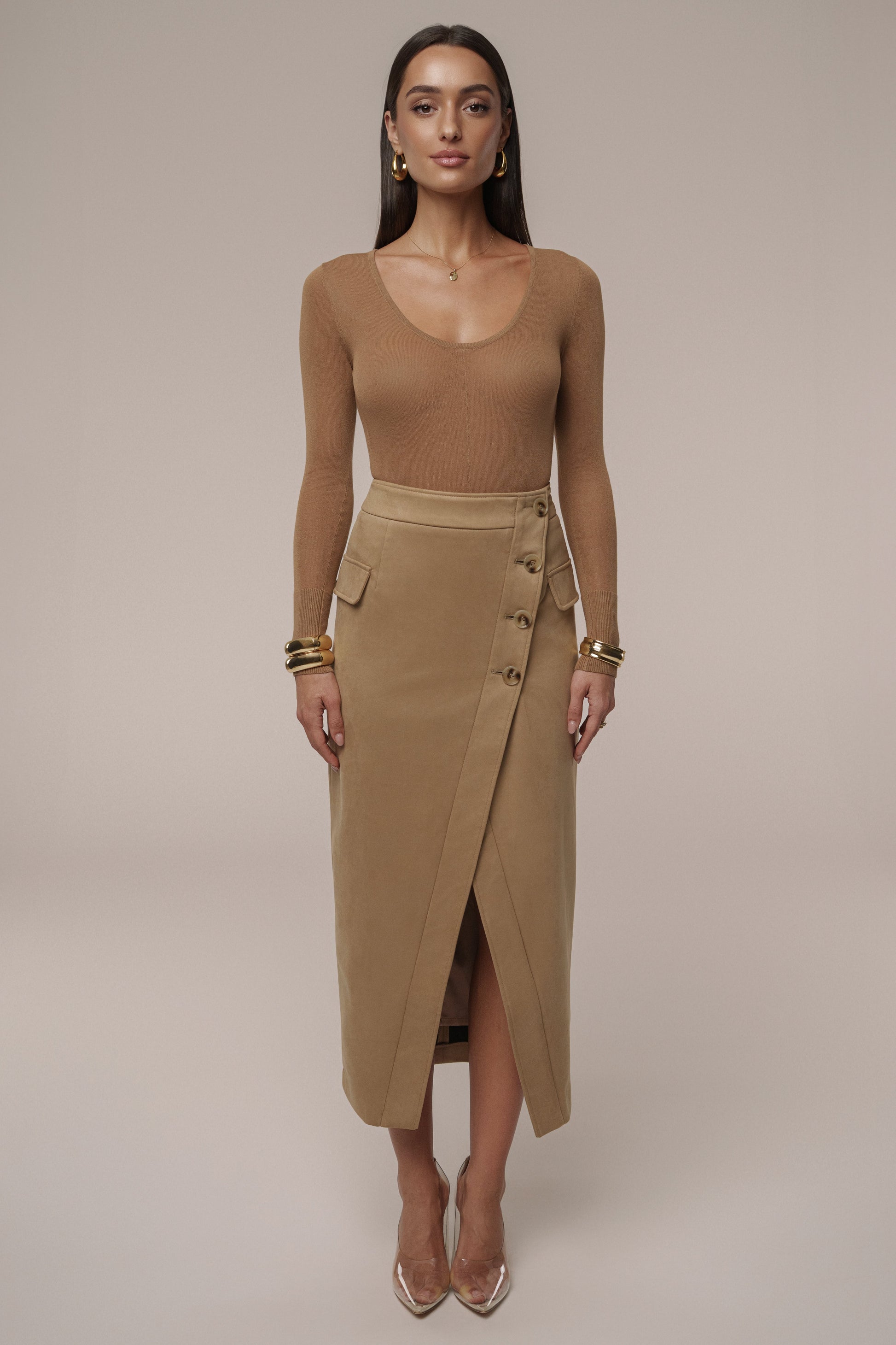 Beige Audrey Suede Midi Skirt JLUXLABEL