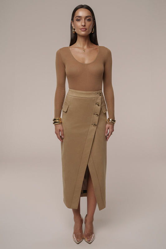 Beige Audrey Suede Midi Skirt JLUXLABEL