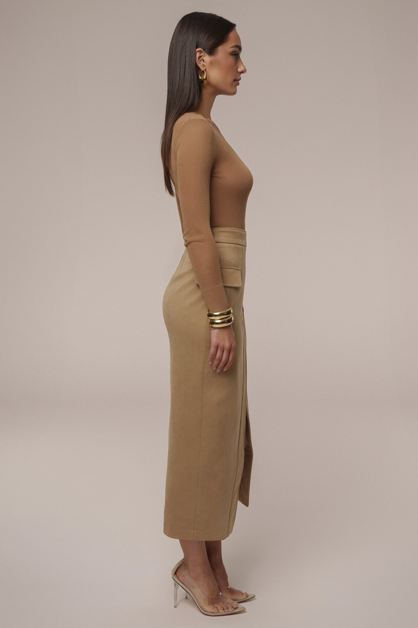 Beige Audrey Suede Midi Skirt JLUXLABEL