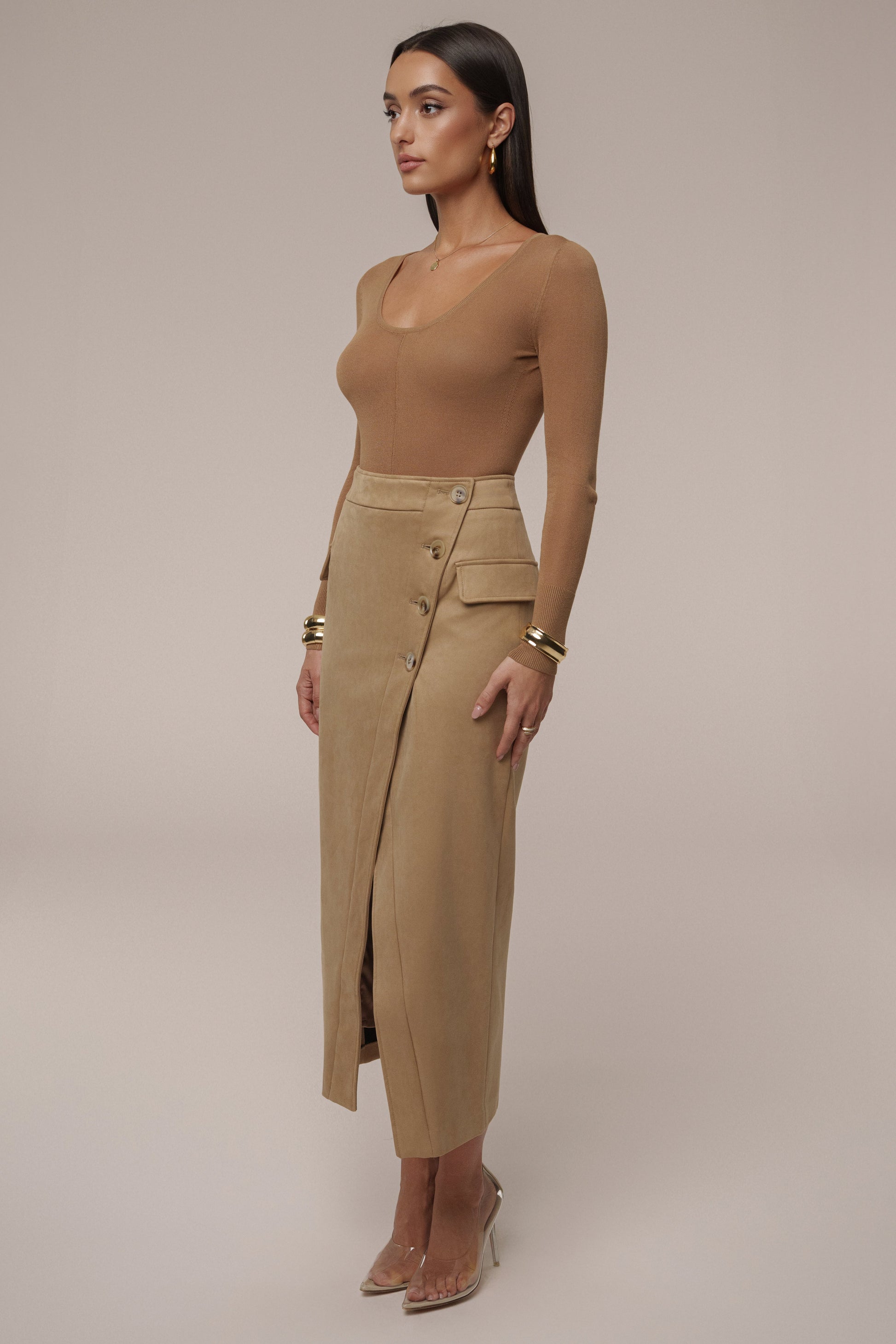 Beige Audrey Suede Midi Skirt JLUXLABEL