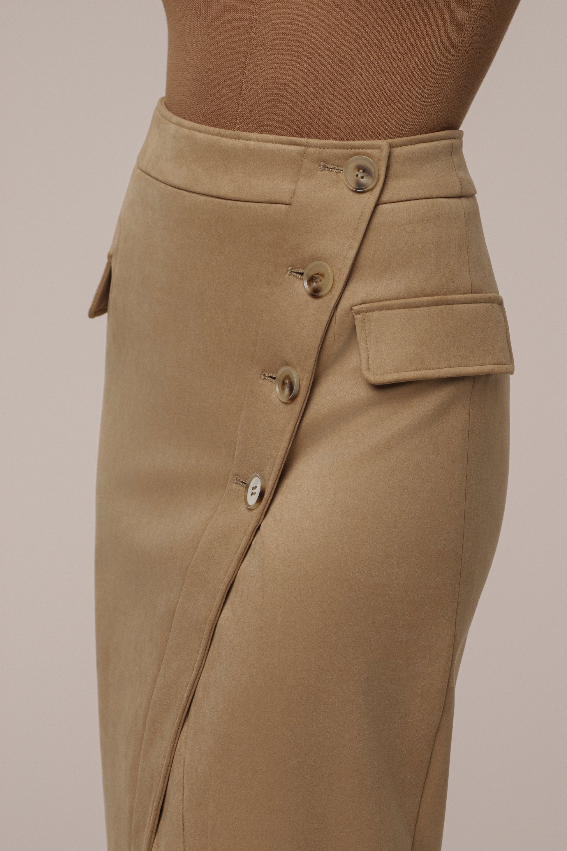 Beige Audrey Suede Midi Skirt JLUXLABEL