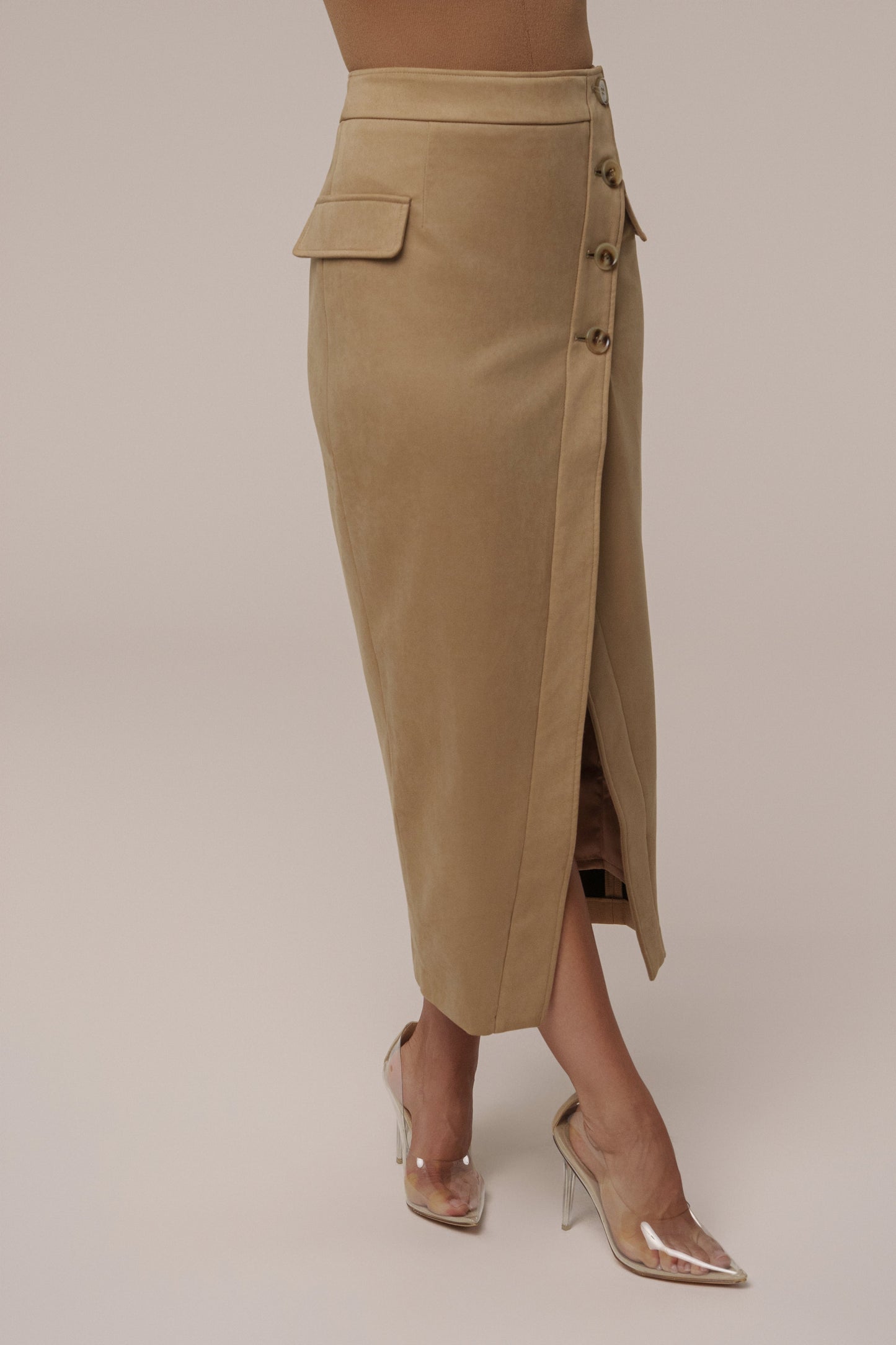 Beige Audrey Suede Midi Skirt JLUXLABEL