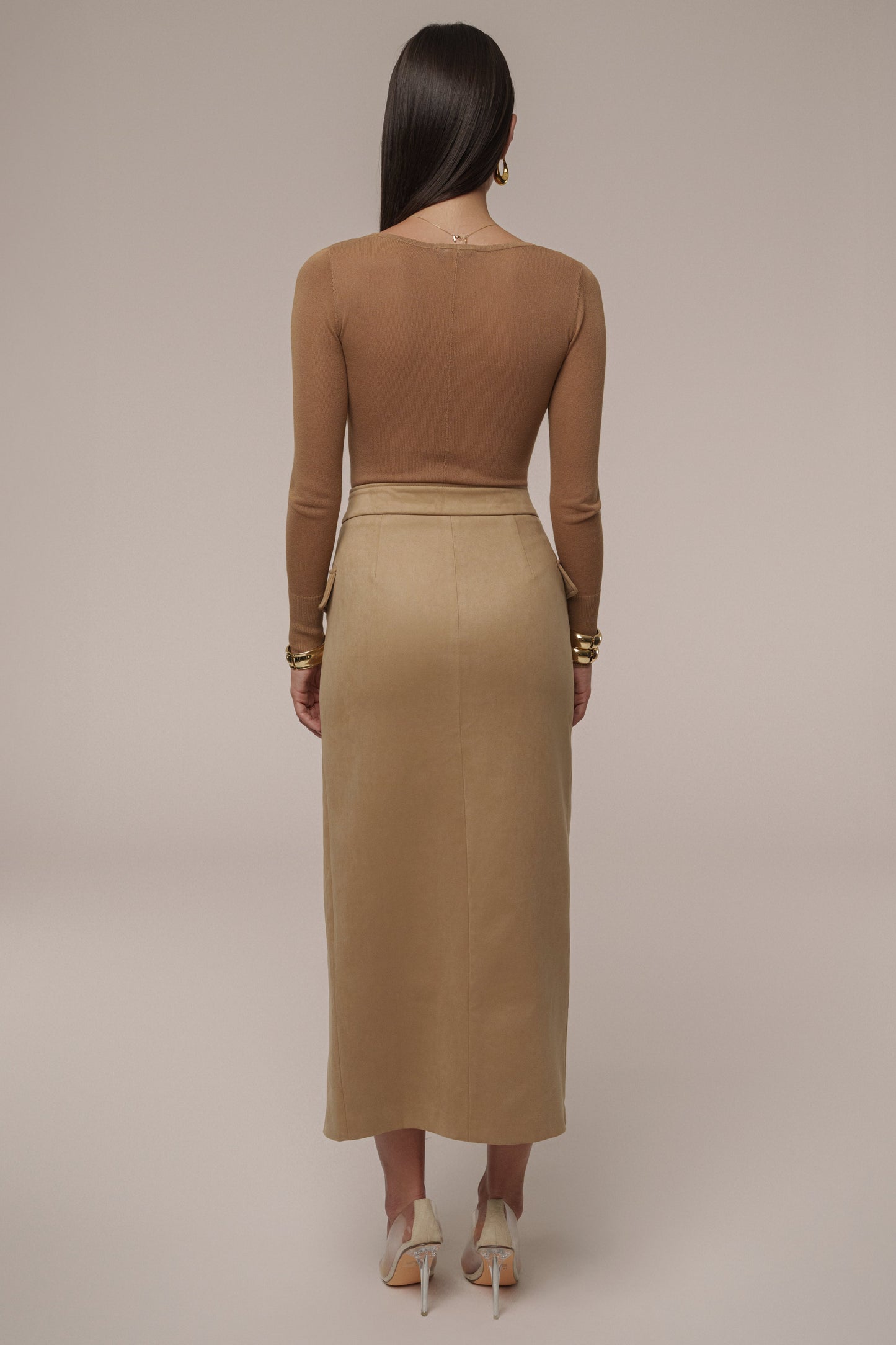 Beige Audrey Suede Midi Skirt JLUXLABEL