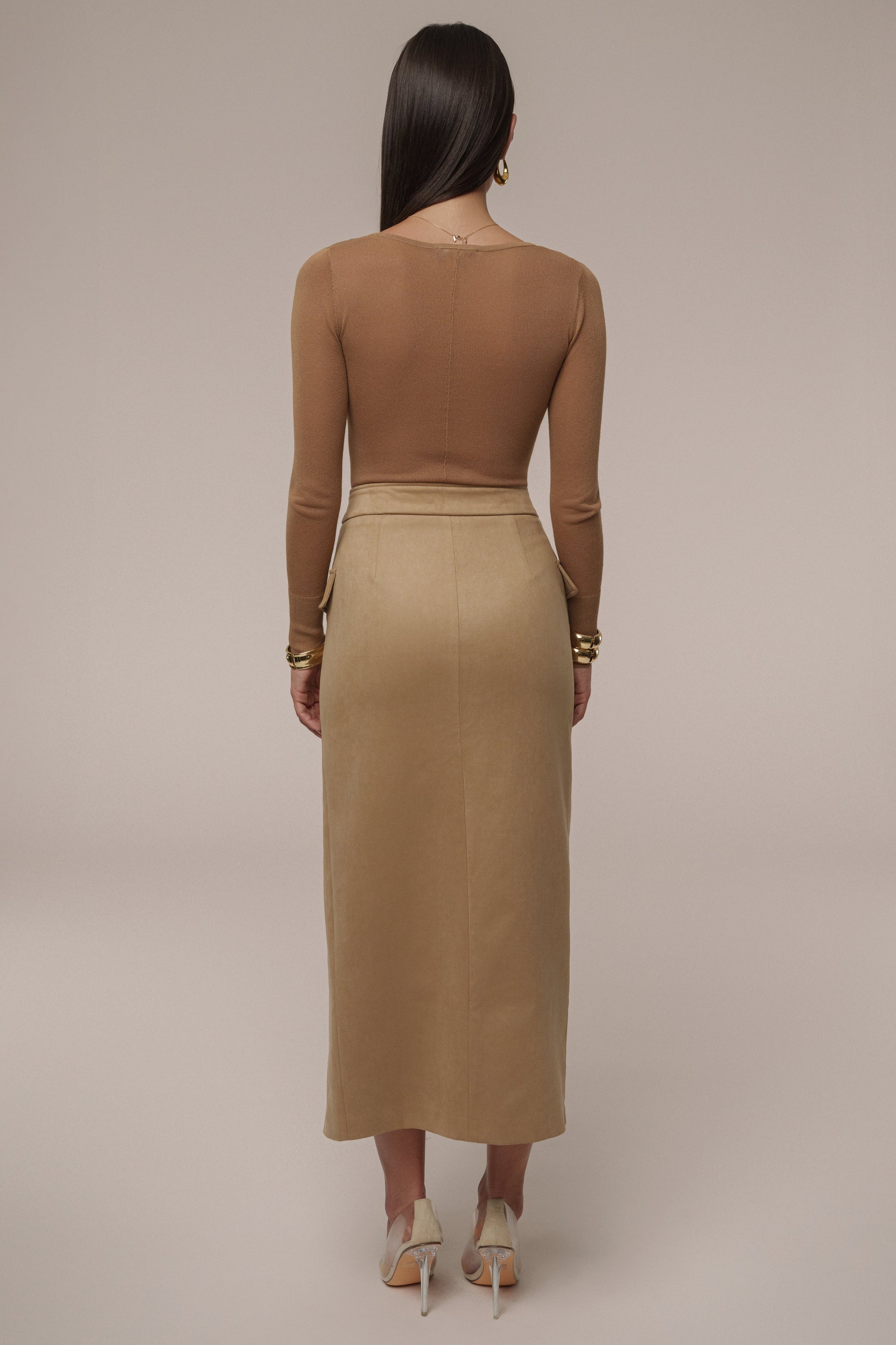 Beige Audrey Suede Midi Skirt JLUXLABEL