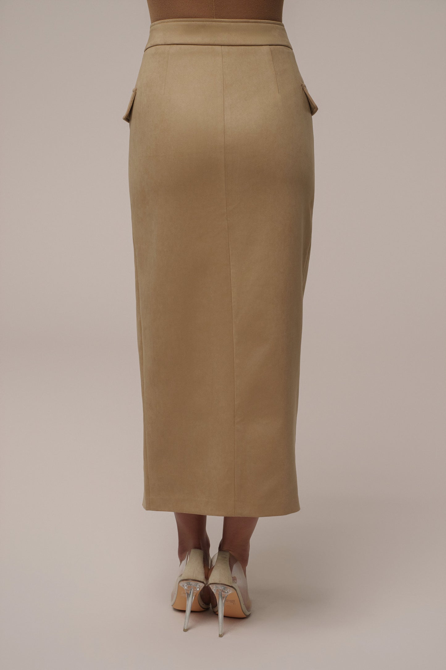 Beige Audrey Suede Midi Skirt JLUXLABEL