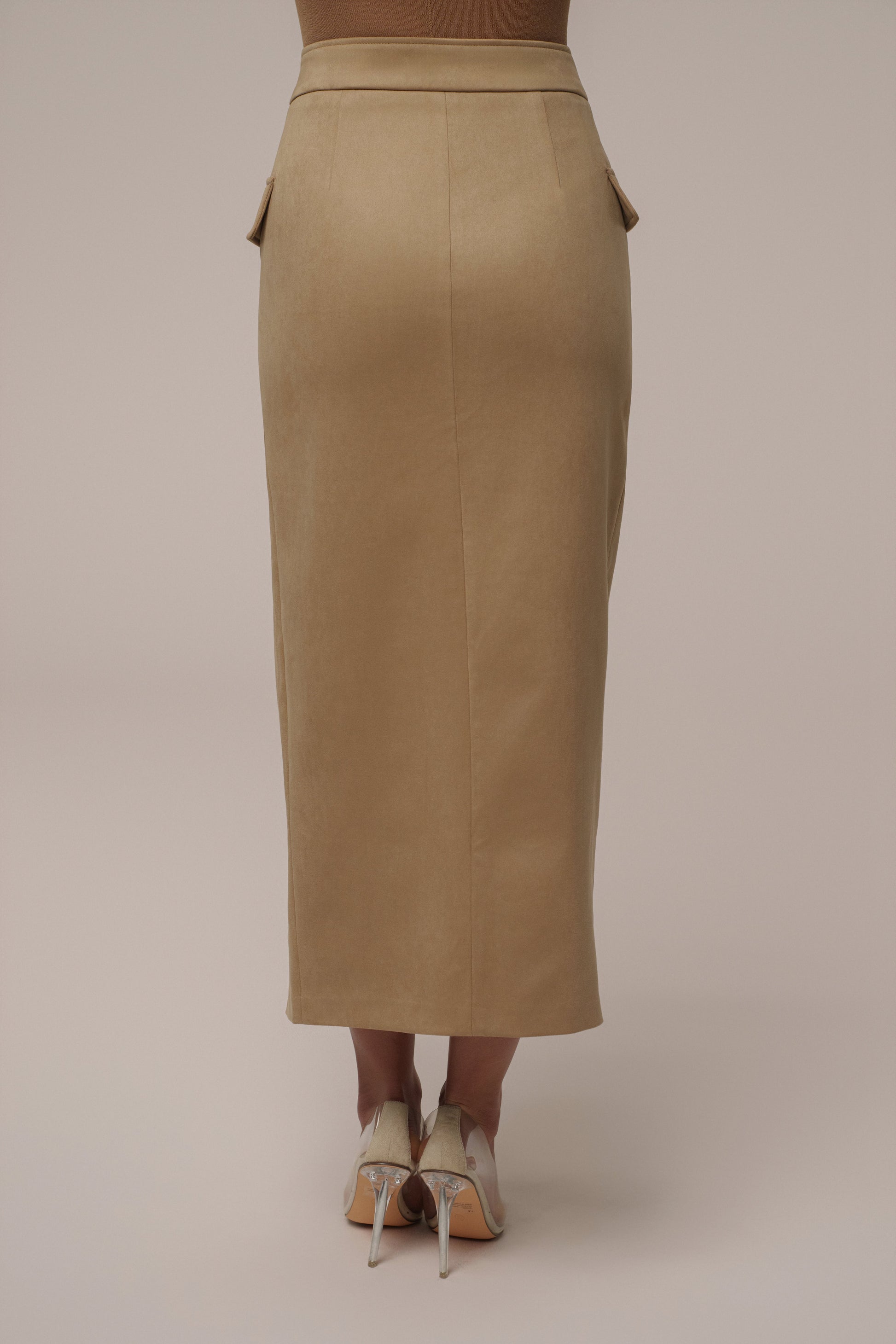 Beige Audrey Suede Midi Skirt JLUXLABEL