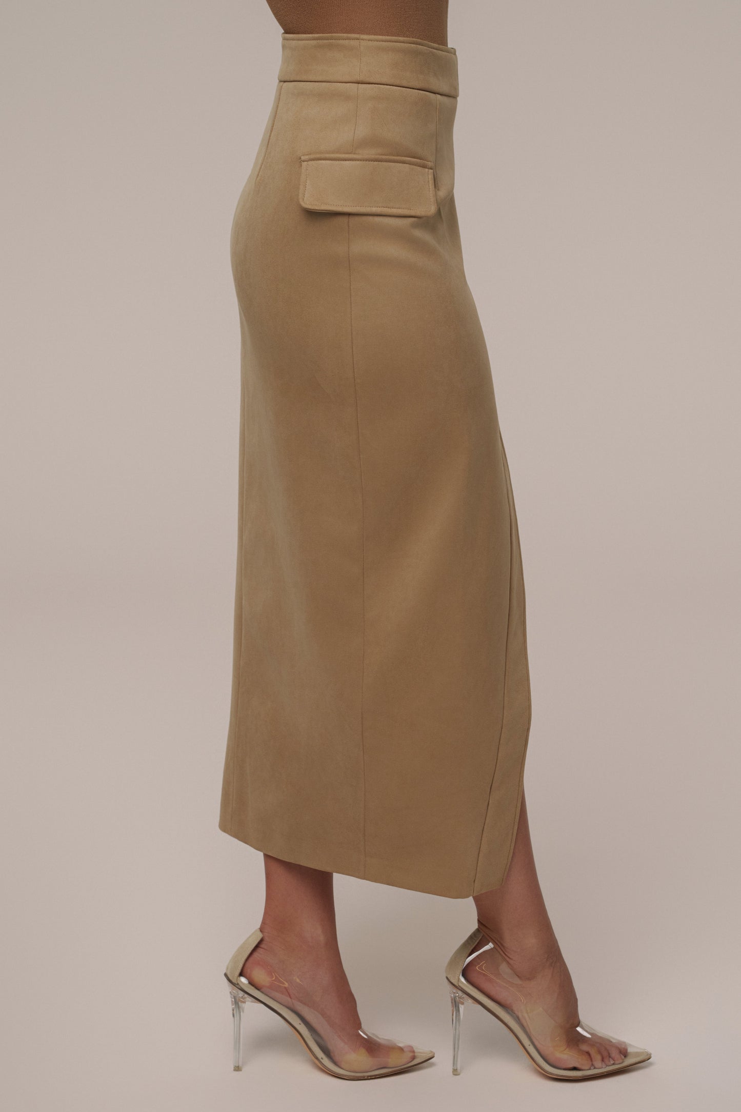 Beige Audrey Suede Midi Skirt JLUXLABEL