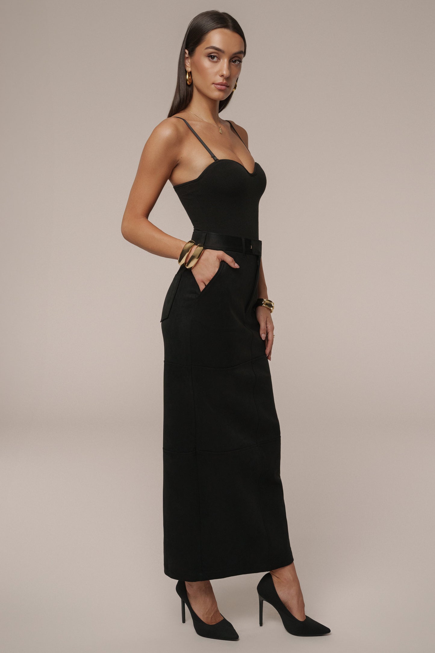 Black Joy Suede Maxi Skirt JLUXLABEL