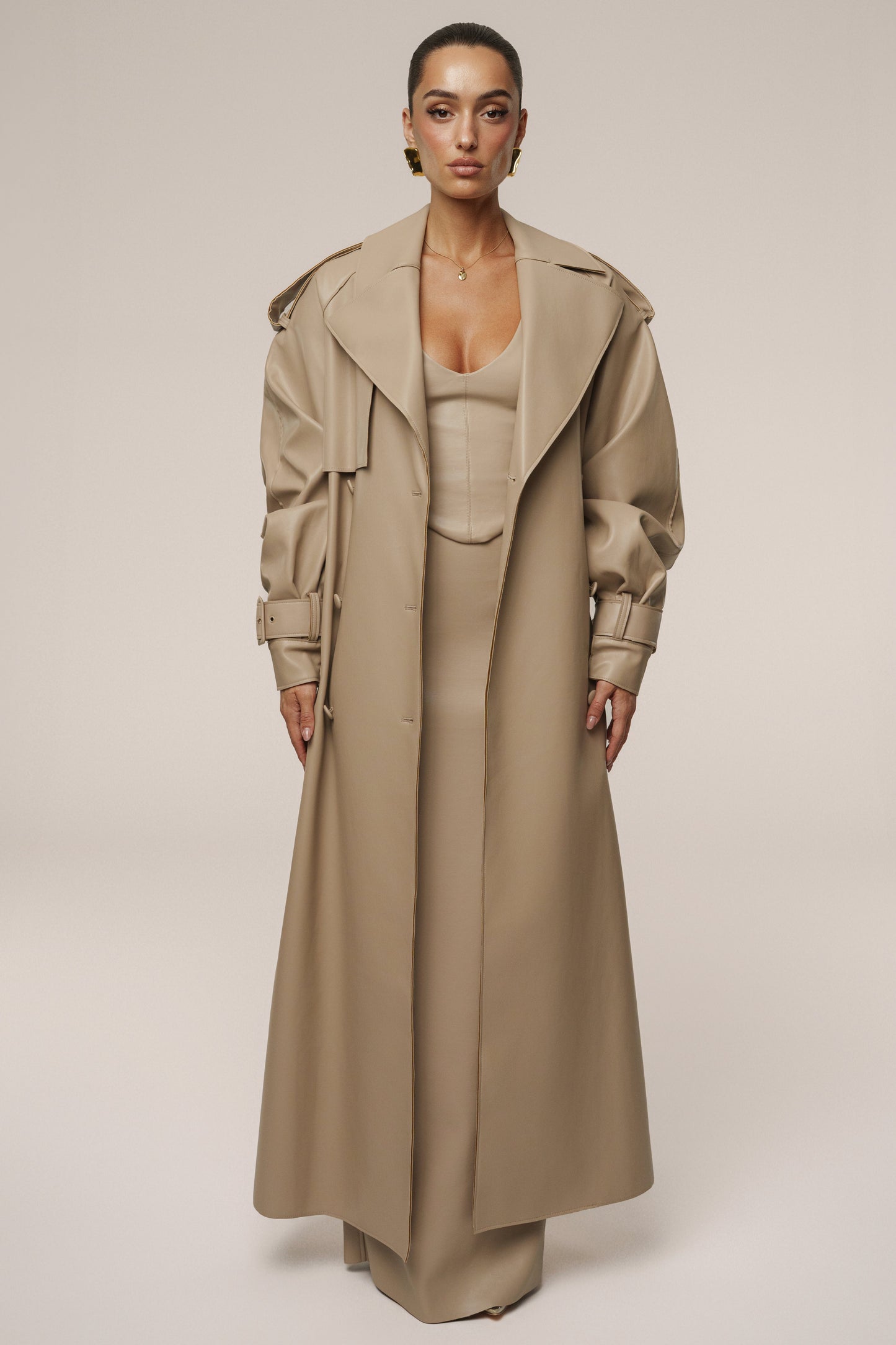 Tan The Icon PU Leather Coat JLUXLABEL