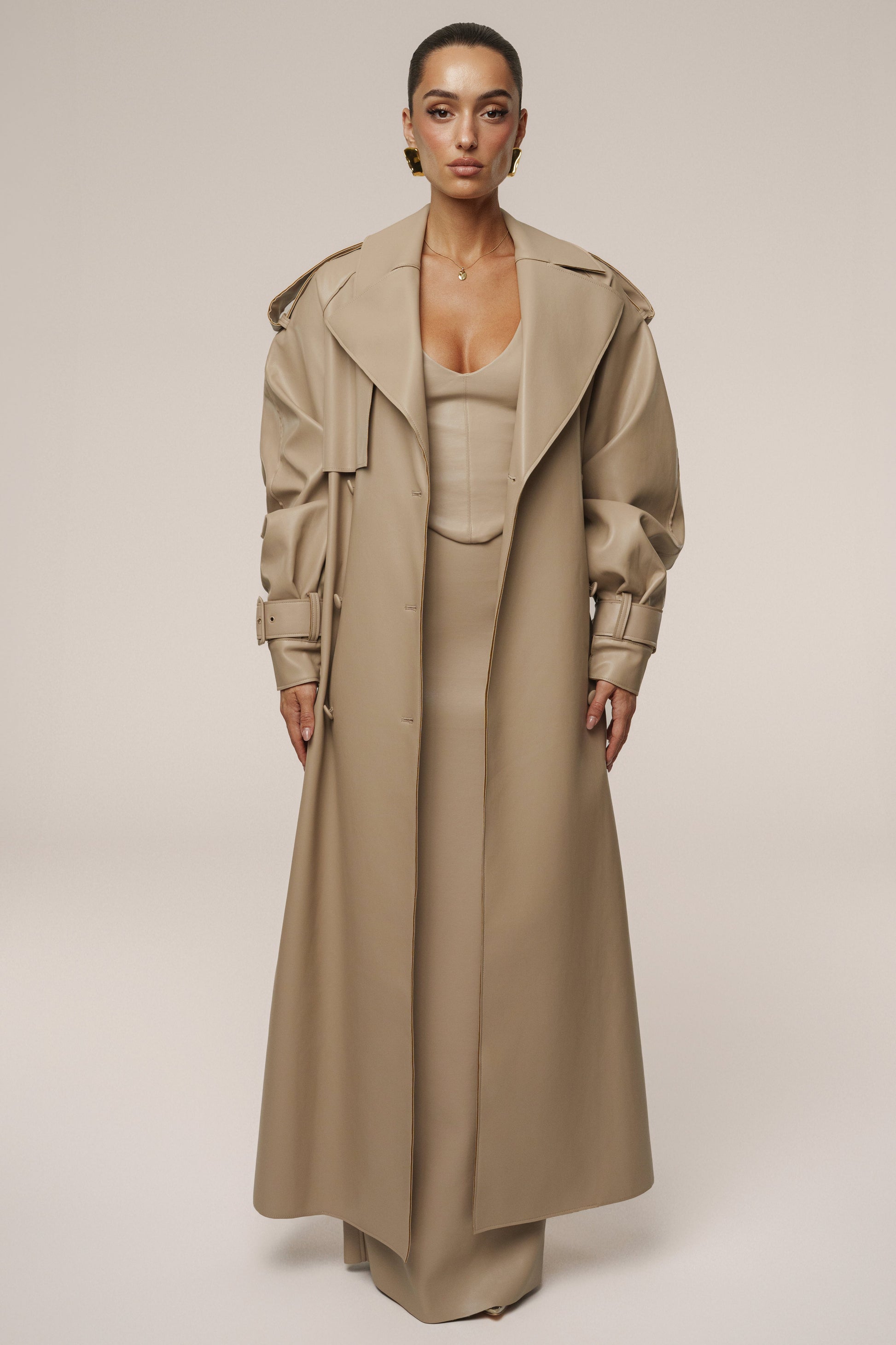 Tan The Icon PU Leather Coat JLUXLABEL