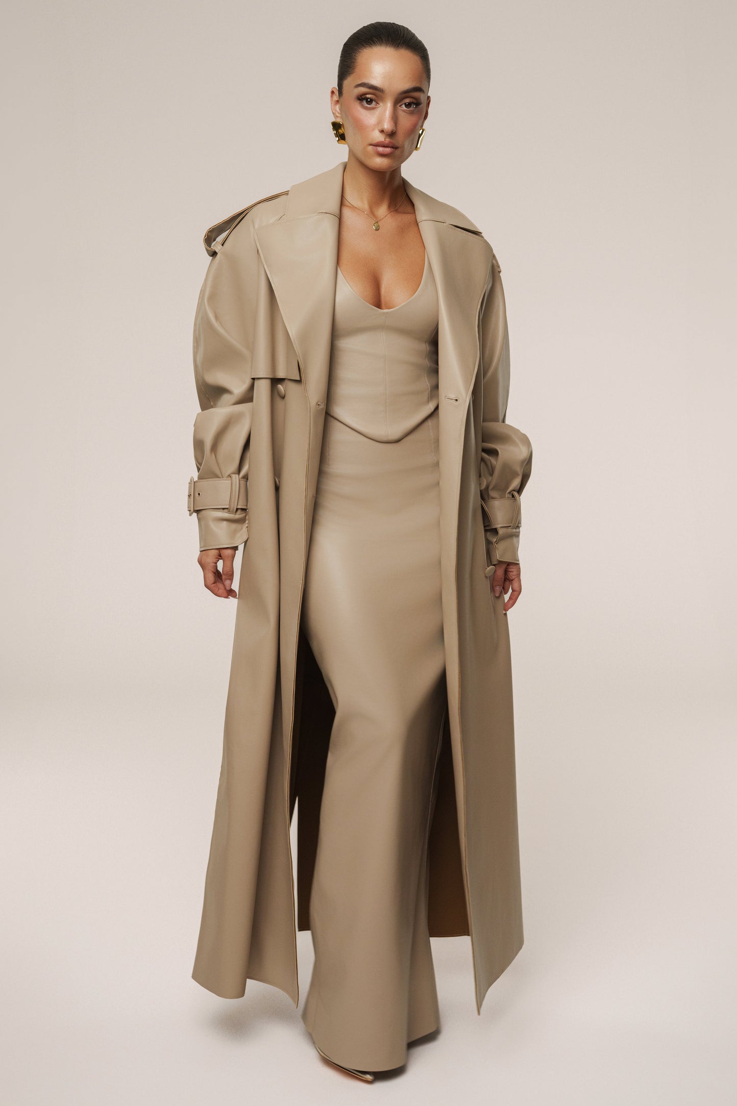 Tan The Icon PU Leather Coat JLUXLABEL