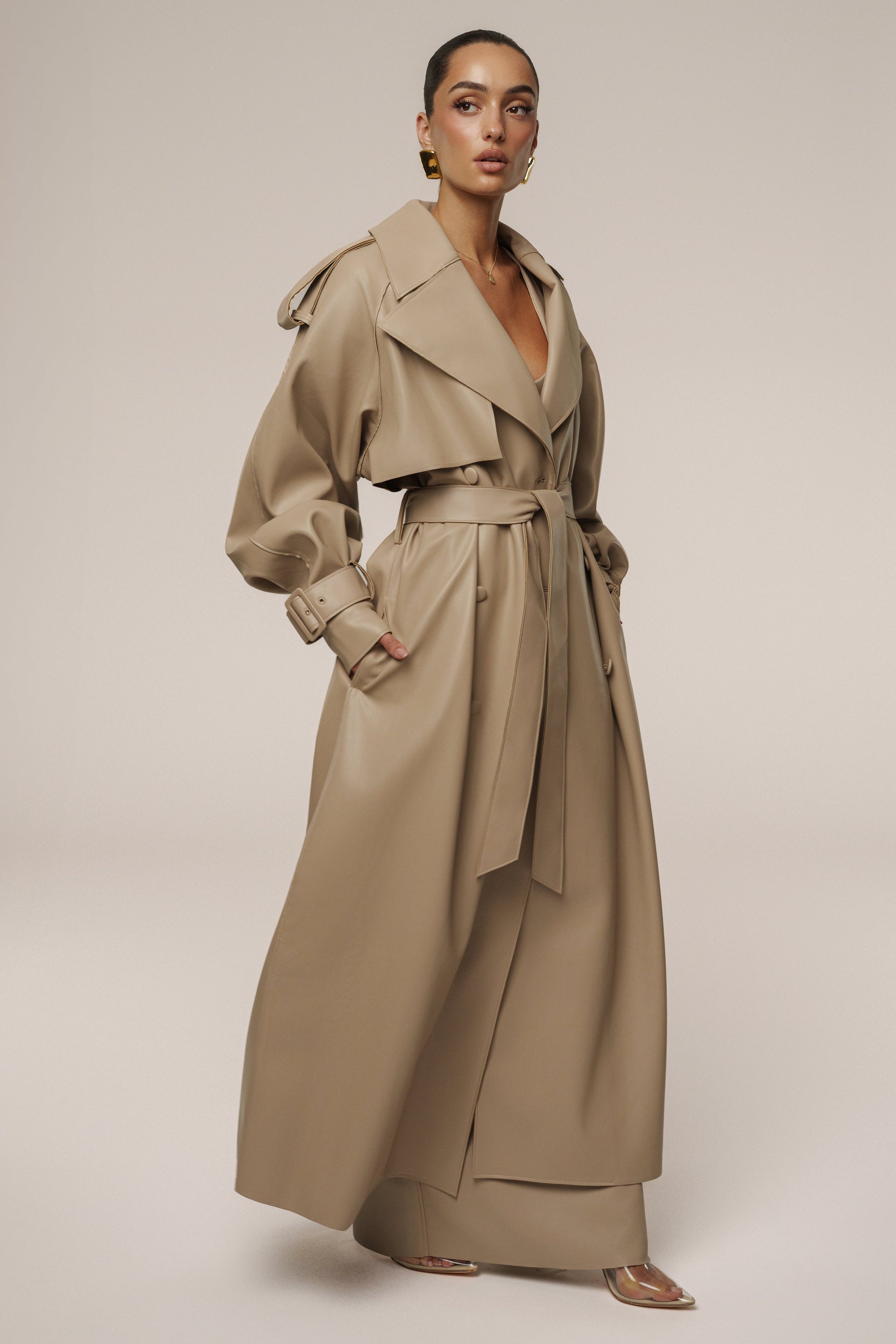 Tan The Icon PU Leather Coat JLUXLABEL