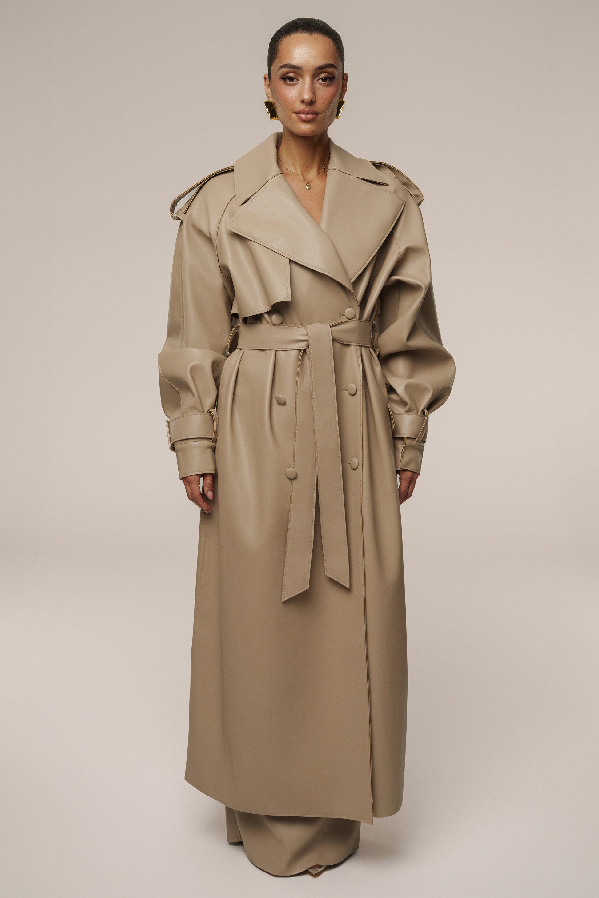 Tan The Icon PU Leather Coat JLUXLABEL