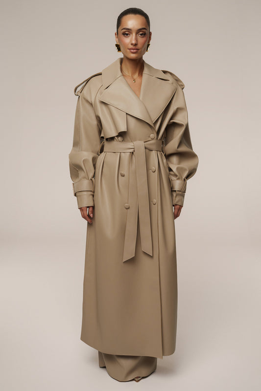 Tan The Icon PU Leather Coat JLUXLABEL