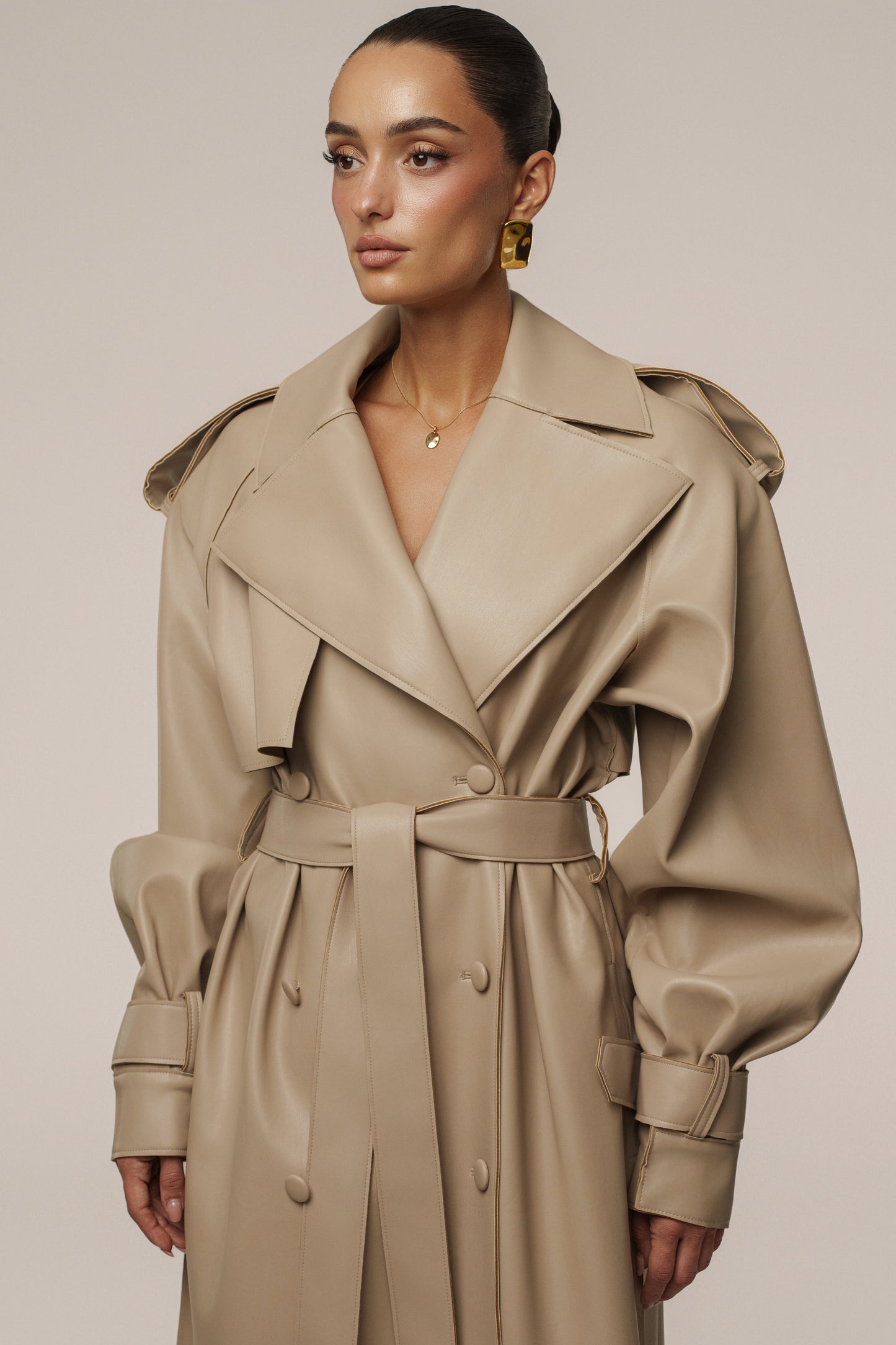 Tan The Icon PU Leather Coat JLUXLABEL